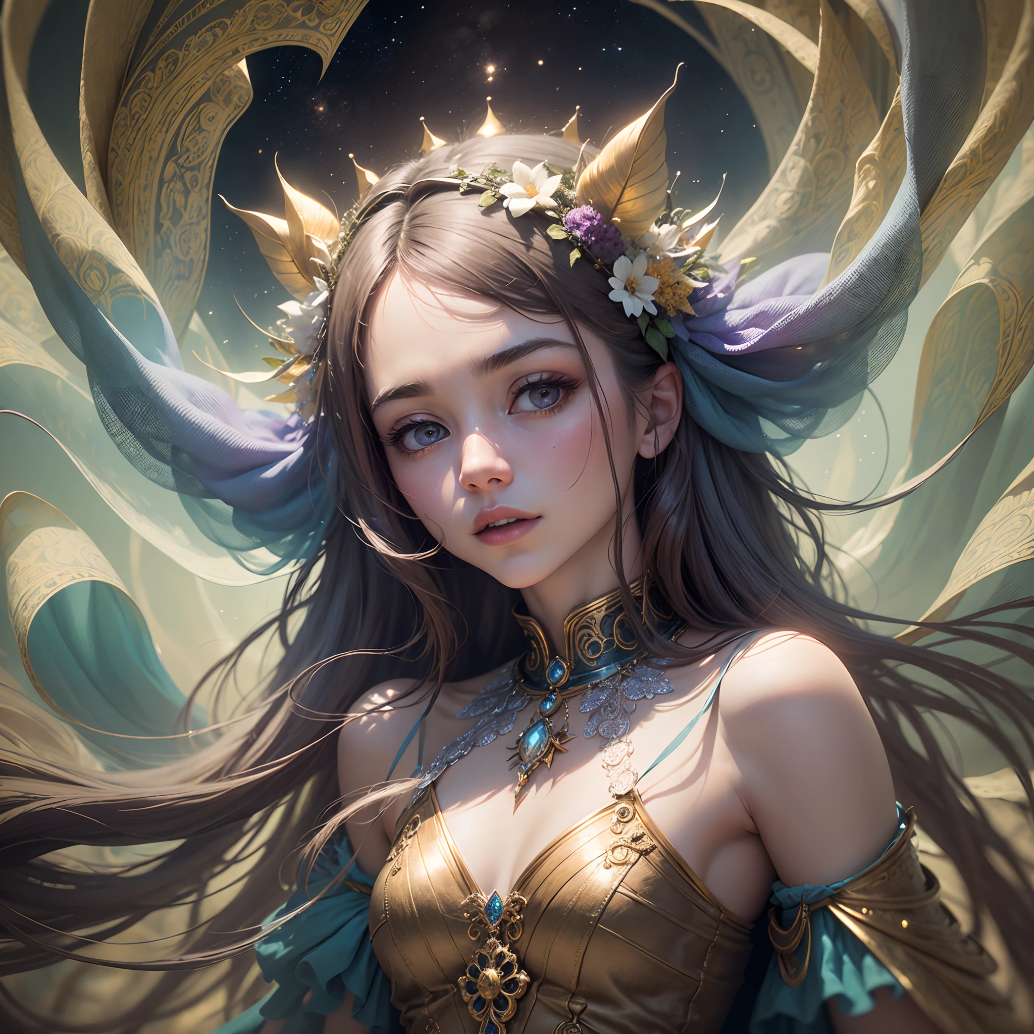 "Girl from the stars, (shimmering fur), celestial antennae, shell of wonder, planetary dreamscape, (cosmic enchantment), surreal artistry, vibrant and alien palette"
