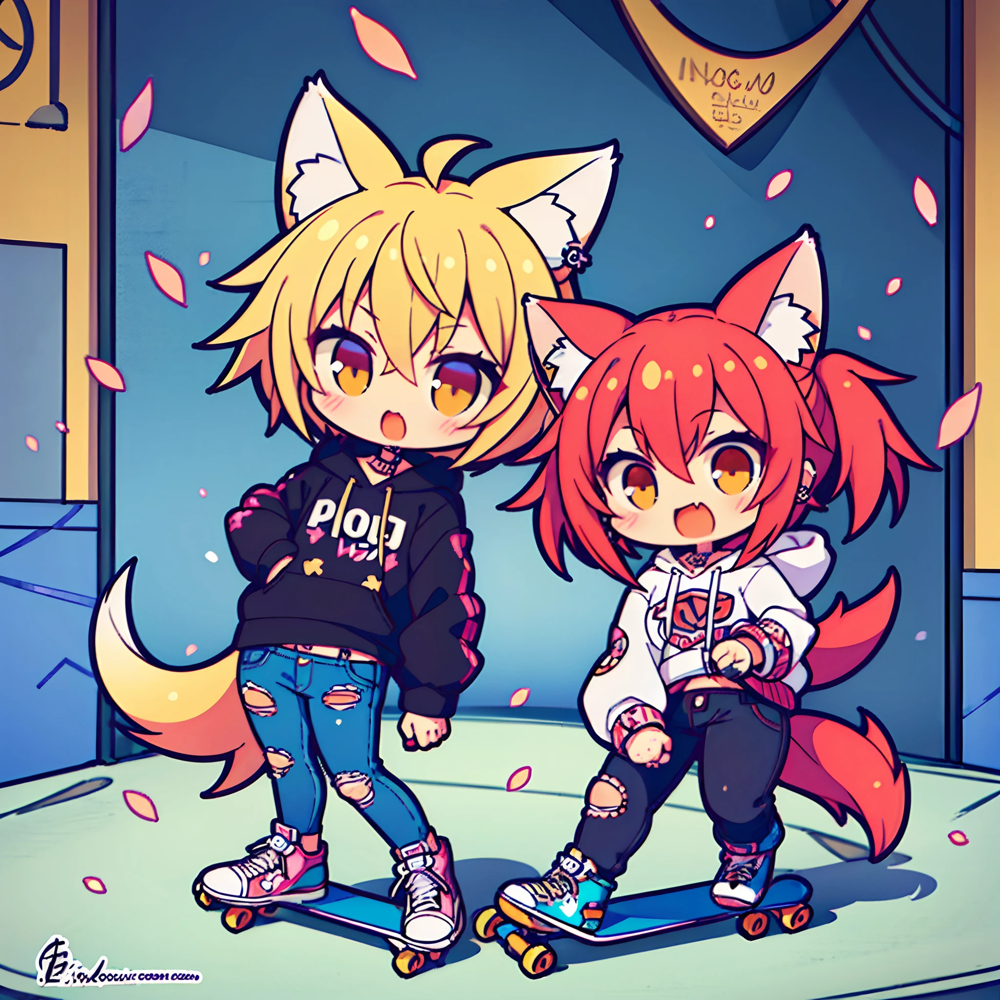 (2 girls) The cutest chibi fox skater punk girls, wearing highly detailed hoodies and torn skinny jeans, with skateboards, tattoos and piercings, finely detailed graffiti background, cherry blossoms blowing in the wind, perfect masterpiece, high quality, high resolution