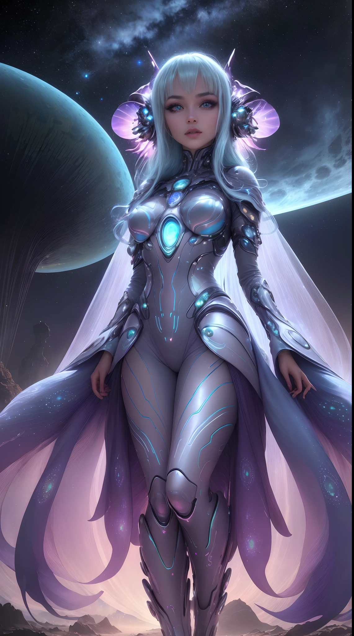 (best quality,4k,8k,highres,masterpiece:1.2),ultra-detailed,(realistic,photorealistic,photo-realistic:1.37),female alien,extraterrestrial being,beautiful detailed face,distinctive and colorful eyes,long eyelashes,glowing skin,ethereal beauty,humanoid alien,unique hair texture,bizarre and elegant attire,alien landscape background,sci-fi concept art,vivid colors,soft pastel color tone,surreal lighting,cosmic atmosphere,extravagant jewelry,otherworldly accessories,alien symbols and patterns,futuristic technology elements,alien civilization's architecture,powerful and confident pose,supernatural powers,graceful and mysterious,intergalactic traveler,innovative makeup,night sky full of stars,otherworldly plants and flowers,celestial beings,shimmering and sparkling effects