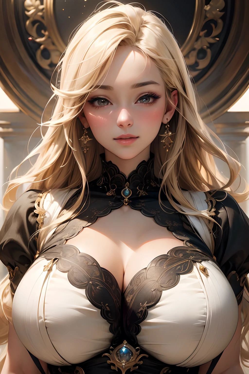 (best quality,4k,8k,highres,masterpiece:1.2),ultra-detailed,(realistic,photorealistic,photo-realistic:1.37),portrait,beautiful woman with blonde hair,big breasts,smiling face,illustration,soft lighting,vivid colors,delicate facial features,sparkling eyes,lush lips,flowing hair,feminine charm,flawless skin,fashionable attire,confident posture,graceful demeanor,subtle makeup,natural beauty,striking presence,subdued background,peaceful atmosphere,True-to-life depiction,stunning realism,attention to detail,exquisite artwork,fine brush strokes,artistic composition,unforgettable expression,effortless elegance,sublime beauty,breath-taking perfection,celestial aura,catching the viewers' gaze,eternal allure。
