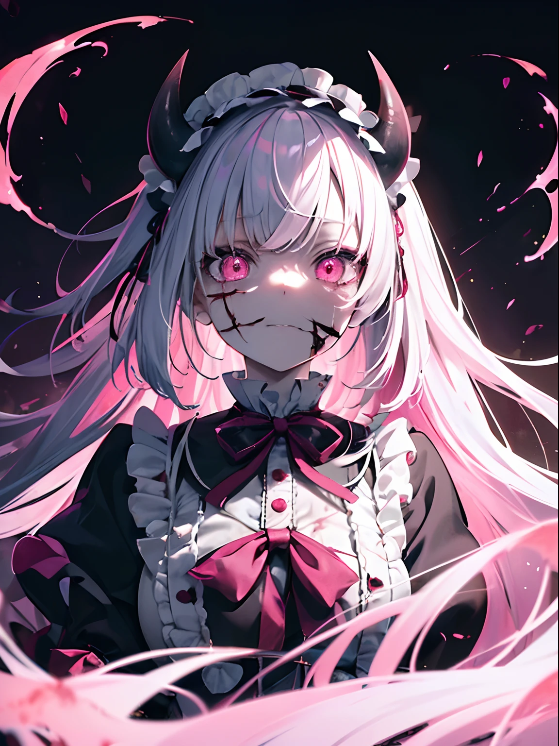 (Masterpiece, Best quality, ultra high resolution),1girl,white and pink hair, (blood),(oni girl 👹 ),(face covered in blood),(ghost girl,non-human girl),fantasy, beautiful and detailed face, detailed eyes, glowing eyes,(gothic lolita dress), pink eyes, looking at the viewer,(grey theme),(yandere),