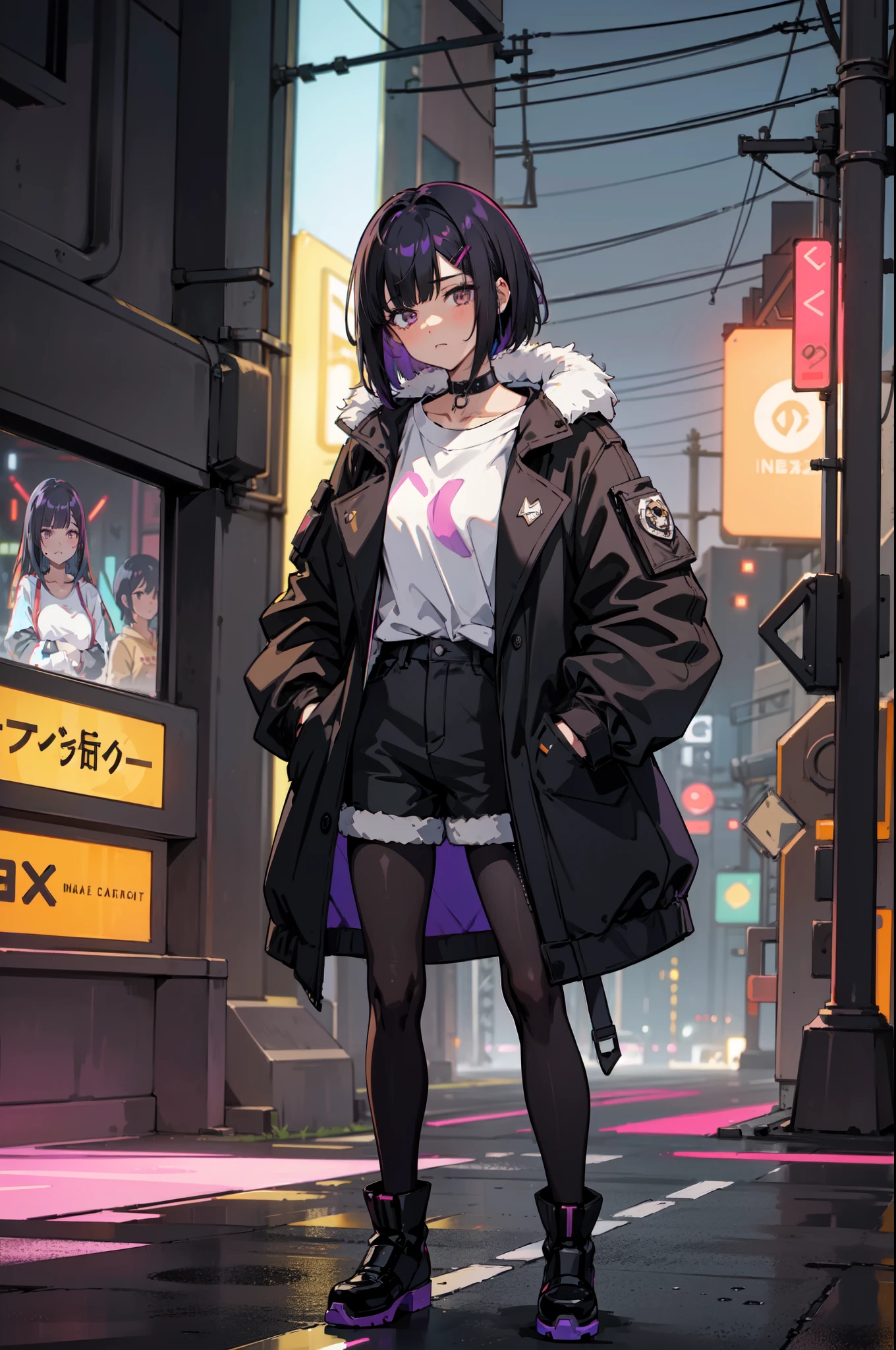 1girl, solo, teen girl, (black hair), (colored inner hair, purple hair), straight hair, bob cut, short hair, messy hair, assymmetrical hair, bang pinned back, hairclip, brown eyes, calm behaviour, inexpressive, medium breasts, choker, white shirt, black fabric shorts, (pantyhose:1.1), (fur trimmed parka jacket, oversized jacket:1.15), thighs, (hands on pockets), night city, cyberpunk, colorful, beautiful, ((neon lights)), masterpiece, best quality, 4k