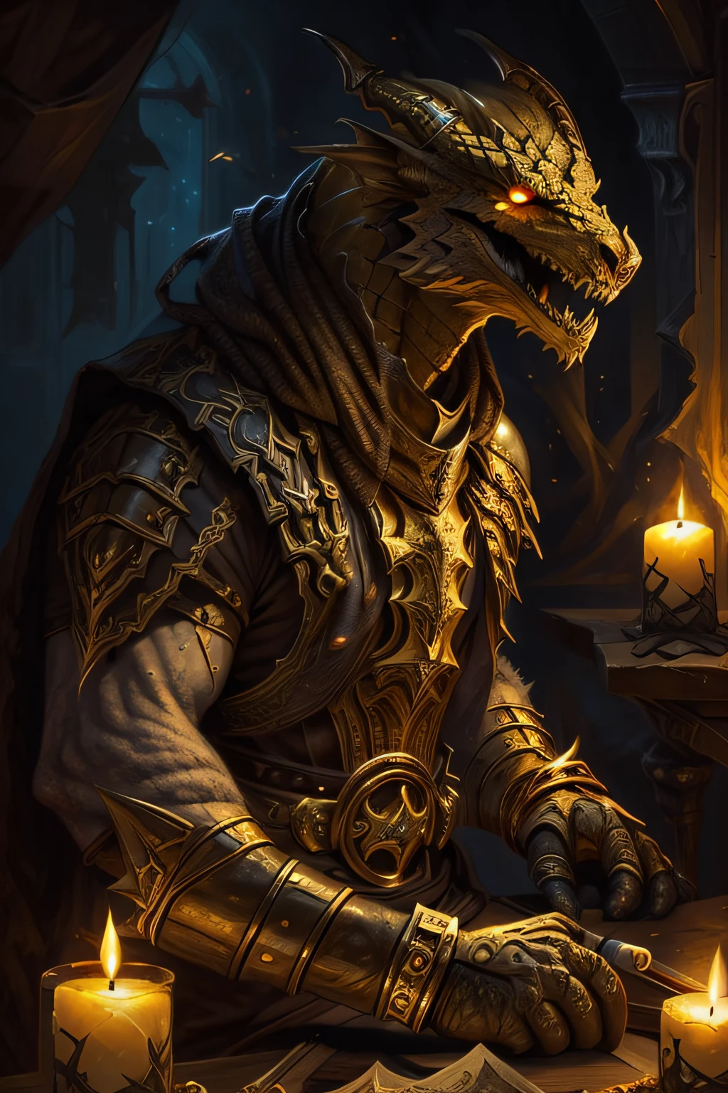 beautifull gold dragonborn, solo, yellow eyes, male, sitting, male focus, horns, teeth, indoors, armor, book, glowing, sharp teeth, shoulder armor, gauntlets, pauldrons, candle , ((masterpiece, best quality)), muscle, sword
