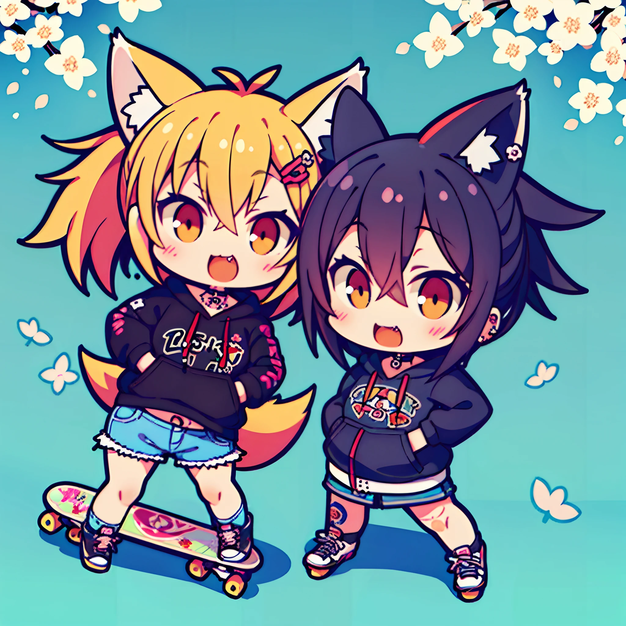 (2 girls) The cutest chibi fox skater punk girls, wearing highly detailed hoodies and torn skinny jeans, with skateboards, tattoos and piercings, finely detailed graffiti background, cherry blossoms blowing in the wind, perfect masterpiece, high quality, high resolution