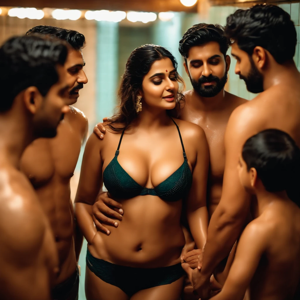 Hot wet busty bhabhi in bra surrounded by boys in bathhouse, they grab bhabhi's fully wet body from behind, bhabhi is infront of them.