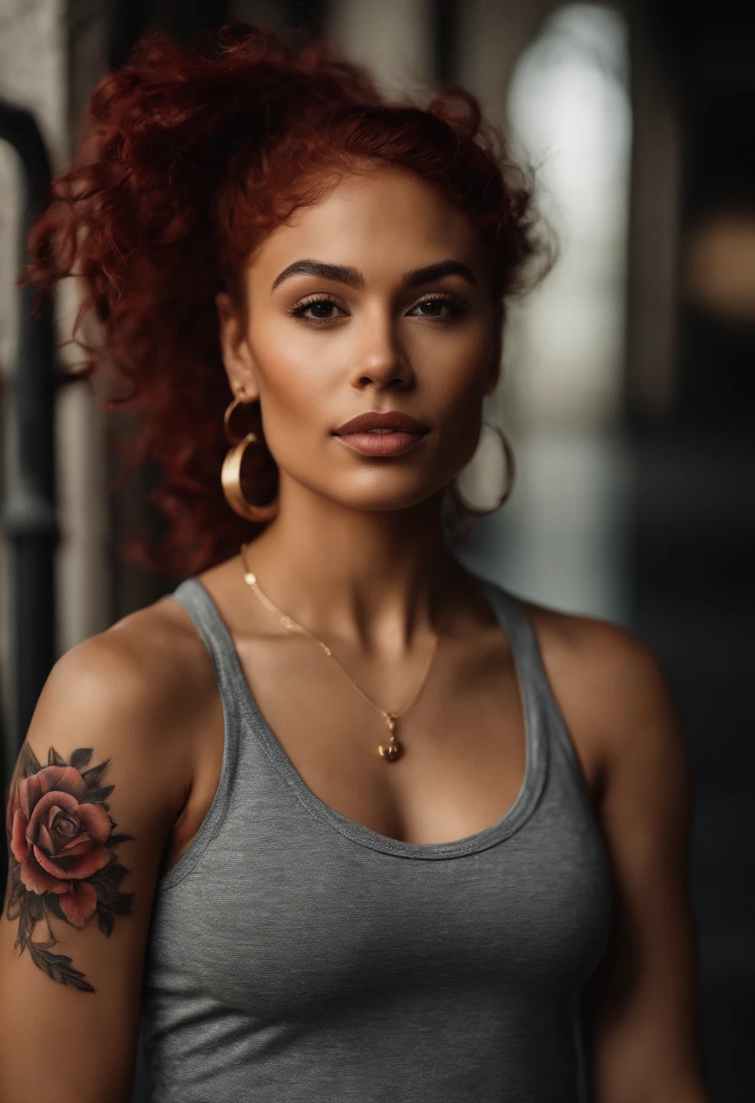 An urban Latina goddess with caramel skin and vibrant red hair With flower tattoos on her right shoulder, lower lip and shoulder completely, sportive, fit girl, brawny, poitrine, Realstic, 25 ans, tenue de sport, small golden necklace