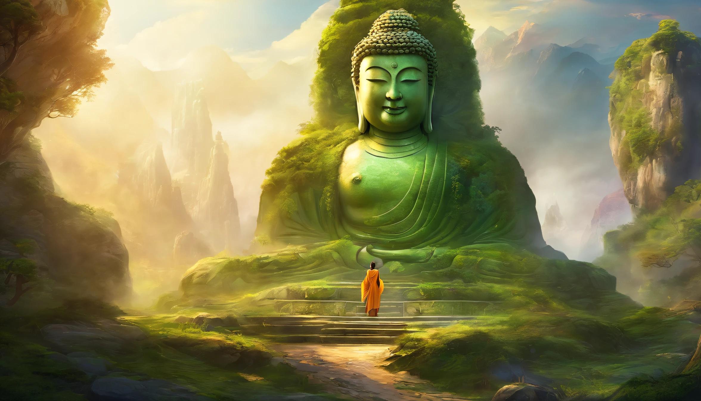 Giant Buddha statue, moss,stone, Texture, Tall, Majestic,Back to the mountains,illumination,Ancient stone statues,frontage,Pilgrims on the road,Clear facial features