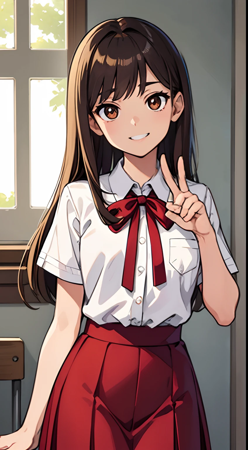 ((Mastepiece, Top Quality)), (Solo), Male, Close-cropped, Distant Look, Big Eyes, Brown Hair, Cocky Look, Flat Chest, Slim Thighs, Smiling, Charming Look, Peace Sign, Dressed in School Uniform, Bright Red Skirt, White Short-Sleeved Shirt, Blue Ribbon, Tall, High School Student, Soft skin, large dark brown eyes (very fine), evening, school ground, lens flare, fine features, perfect anatomy, centered, perfect distance, very fine, complex, accurate and very fine, rich color, rich colors, accurate, clean, clean, rich colors, accurate, clean clean, rich color, exquisite detail, golden ratio illustration
