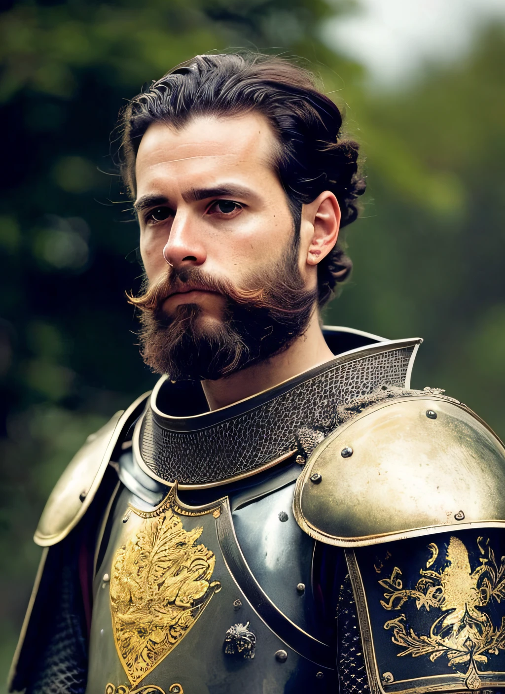 Extremely detailed RAW photo, full body, knight pose, slow motion, (intrepid : 1.1) Emperor Mark Antony on horseback (gold reinforced armor: 1.2),
(purple embroidered silk cover), (Ancient Rome:1.2), (insanely detailed, bloom:1.2), (very high quality, Alessandro Casagrande,
Greg Rutkowski, Sally Mann, 4k),, (high sharpness), (detailed pupils:1.2), detailed face and eyes, Masterpiece, best quality, (highly detailed photo:1.2), 8k, hyperrealistic, (
Curly brown hair, short and elegant haircut, neatly trimmed beard, :1.1), (Knight:1.2), By Jeremy Mann, By Sandra Chevrier, By Maciej Kuciara, Sharp, (Perfect
body:1.1), royal shadow, (temple ruins and vine background:1.1)