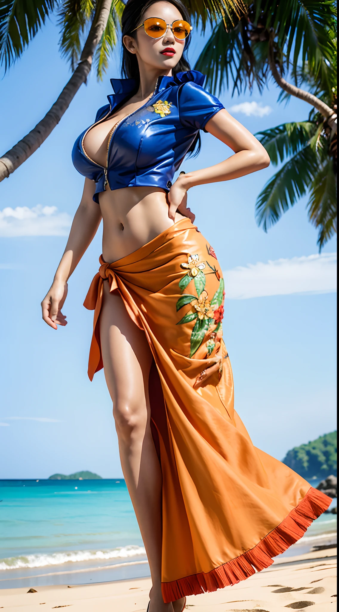 best quality, 4k, 8k, Detailed faces, nico robin, beauty girl, Korean makeup, Red lips, laugh, perfect body, orange hair, big breasts, thigh, solo, Look at the viewer, long silky hair, her outfit Orange trout long sarong dress, The sarong dress has red and yellow flowers on the sides, sarong skirt with frills showing off the hips, Short-sleeved navy blue leather vest, shirt with partial zippers with a V-neckline, She wears white sunglasses with orange lenses, She wears glasses on her forehead, Coconut tree beach scenery,