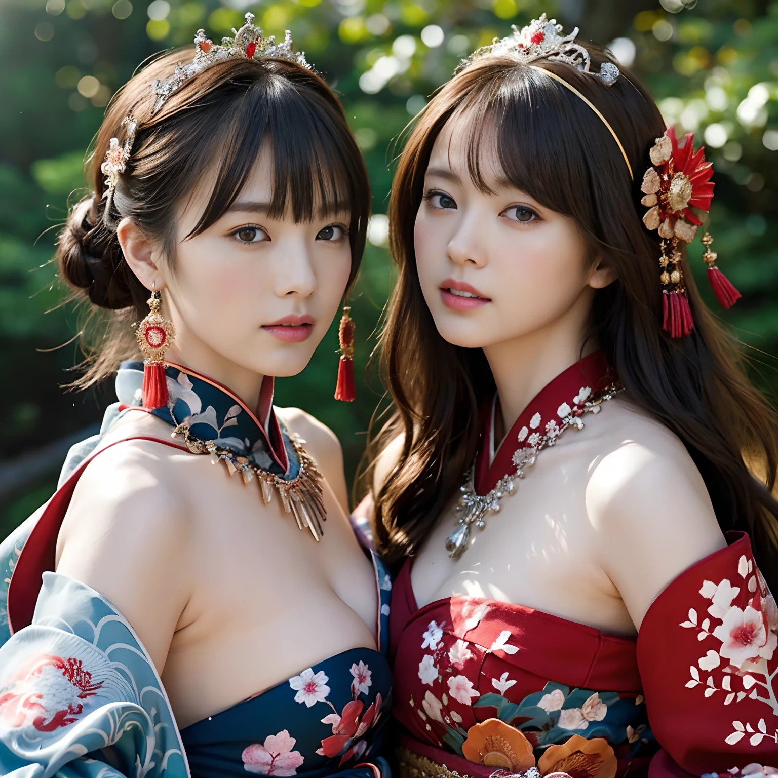 Two Asian women in orange haute couture dresses pose for a photo shoot, Pose together in an orange haute couture dress, Embroidery of large roses,Colossal tits,爆乳,Colossal tits,twins, Engaging pose, two models in the frame, Hot with shining sun, Sexy Girl, Korean Girl, Two girls, sakimichan hdri, beautiful Korean women, Gorgeous young Korean woman, Realistic Young Gravure Idol, beautiful gemini twins
