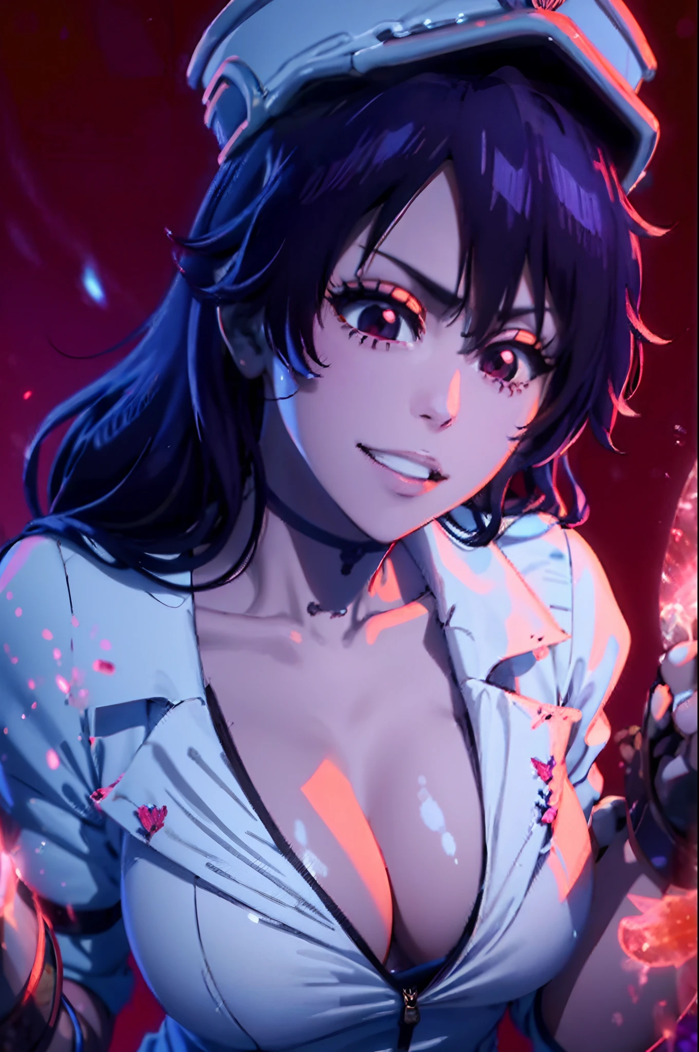 black hair、Beautiful woman with white skin、dark purple hair、Beautiful face with symmetry、Look firmly at the camera、Put your ears out、Cute smile、Beautiful teeth、Beautiful teeth alignment、Medium shorthair that feels movement、hair between eye、crossed bangs、{Gigantic|Big|Huge|Mega} breasts, cleavage、Beautiful 20 year old woman、Beautiful supermodel with a small face、Very tall supermodel、Supermodel with a long neck、Show off your beautiful décolleté、Tilt your neck slightly to the right、Tilt the body slightly to the left、Very beautiful smile、Iridescent very colorful and artistic fine technique brush paint background、Deities々beatiful backgrounds、Beautiful woman full of very adult charm