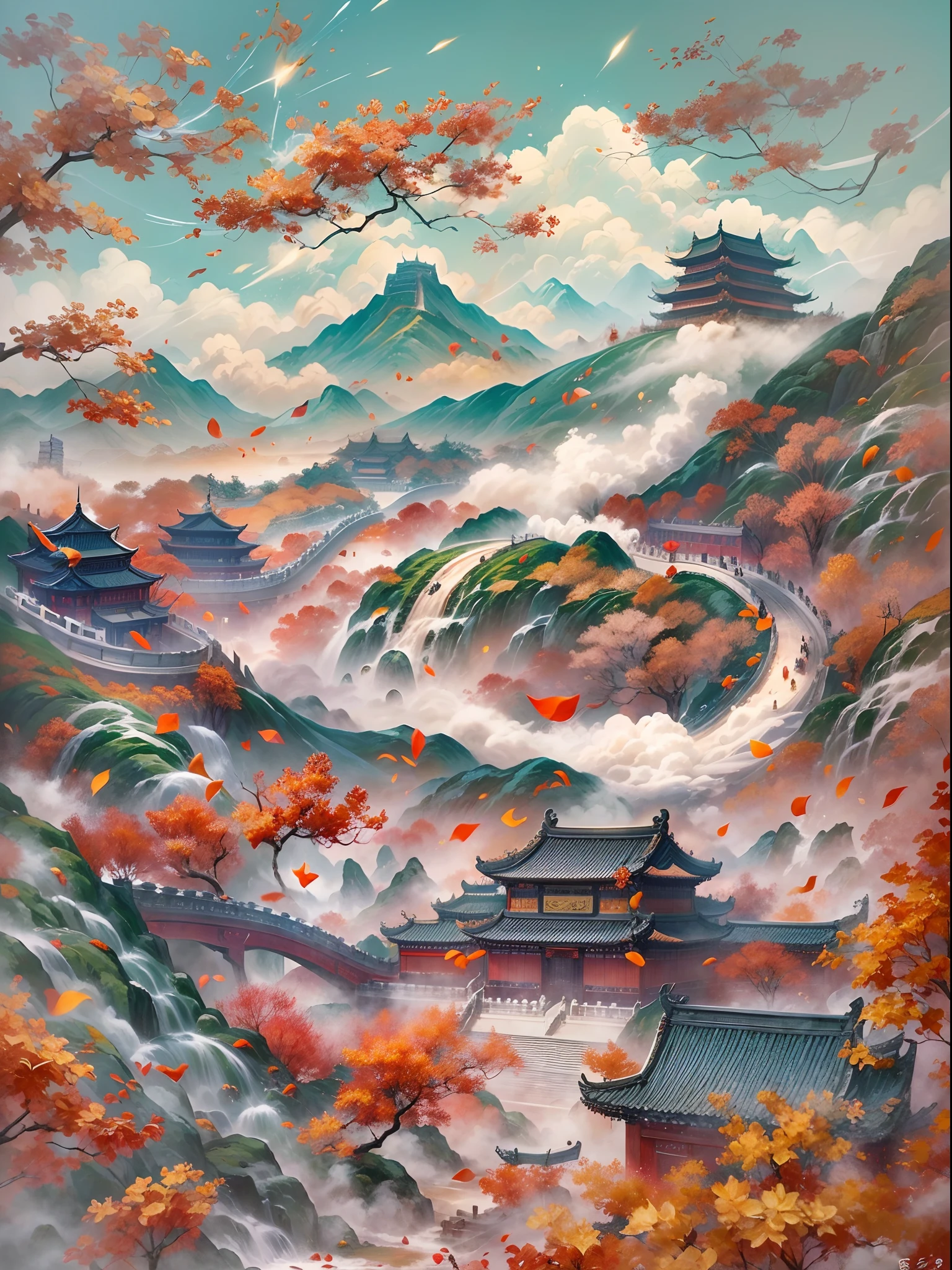((Chinese landscape)),Chinese people celebrate National Day,beijing,Tiananmen,Palace Museum,the great wall,palaces,Red flags flying,Fireworks explode in the distance,cloudless sky,White clouds,blue backdrop,(A complete painting),(Extremely detailed picture),(light and shadow effect),(Movie lighting),(cinema4d),(Light particle tracing),(rendering by octane),(Layered artistic effects),(Best Painting),(Master painting),(8K分辨率),photorealestic,realisticlying