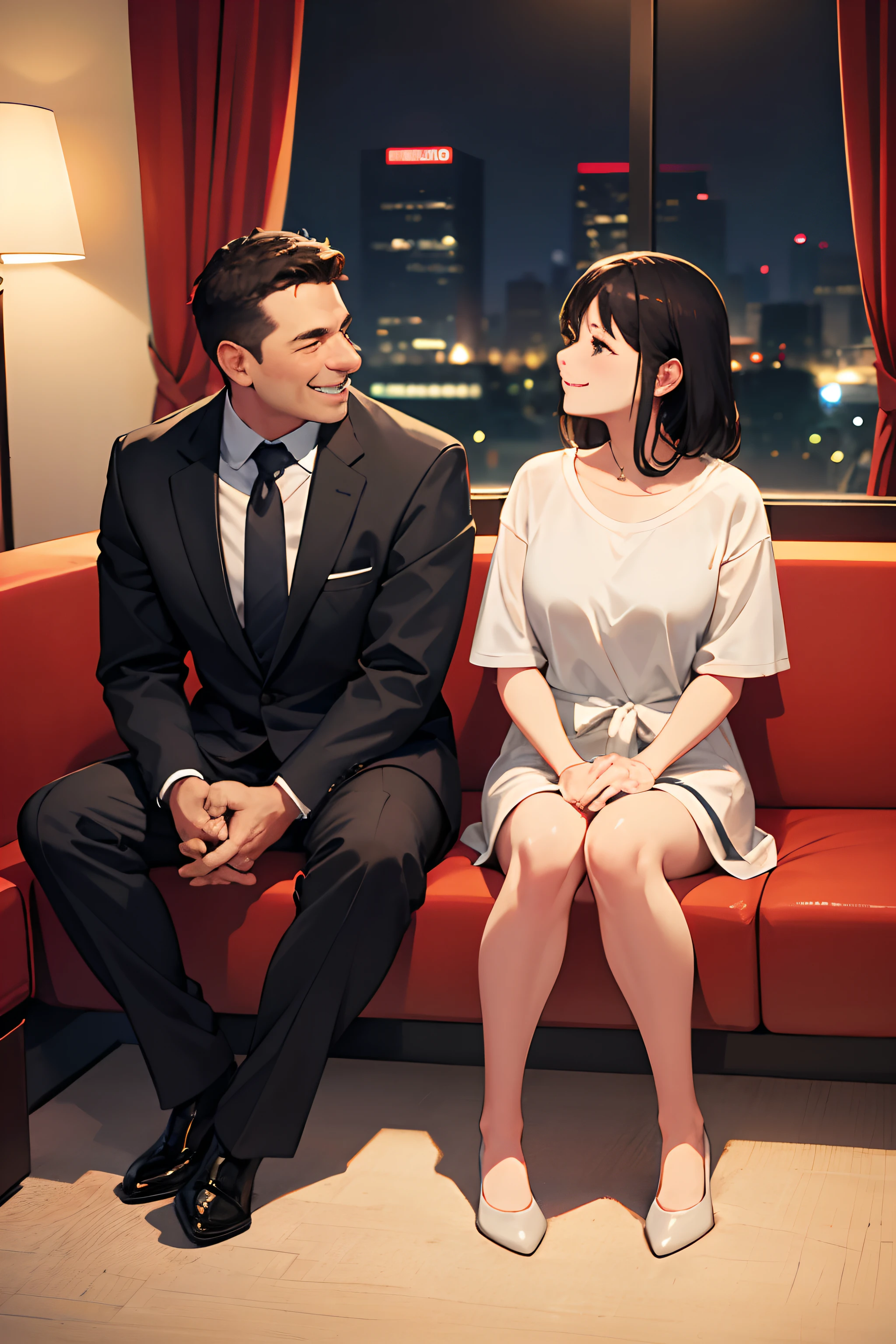 Middle-aged man 1 , Young Woman 1, Hotel Rooms ,Sitting and talking to a woman, A smile, Staring at each other