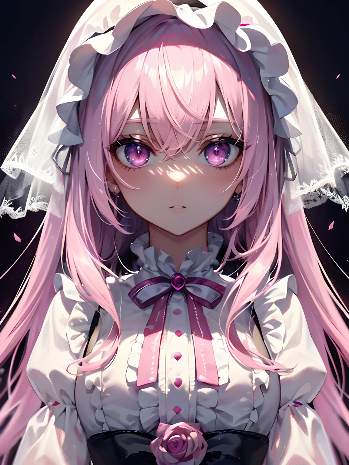(Masterpiece, Best quality, ultra high resolution),1girl,white and pink hair, (blood), (face covered in blood),(ghost girl,non-human girl),fantasy, beautiful and detailed face, detailed eyes, glowing eyes,(pink ta dress), pink eyes, looking at the viewer,(grey theme),(yandere),