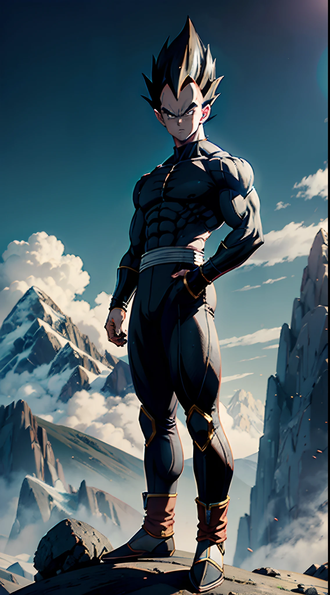 1 male, Vegeta, black hair, arms crossed, standing, full body portrait, 8k, masterpiece, UHD, HDR, very detailed, mountain background, serious face, greyscale color, anime art style,