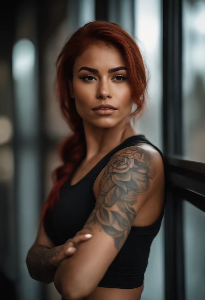 An urban Latina goddess with caramel skin and vibrant red hair With flower tattoos on her right shoulder, lower lip and shoulder completely, sportive, fit girl, Large and detailed muscles, poitrine, Realstic, 22 ans, tenue de sport ????, haut de sport ????, pantalon legging de sport, salle de sport, joue ronde, slightly shiny skin, Mid-length hair reaching shoulders