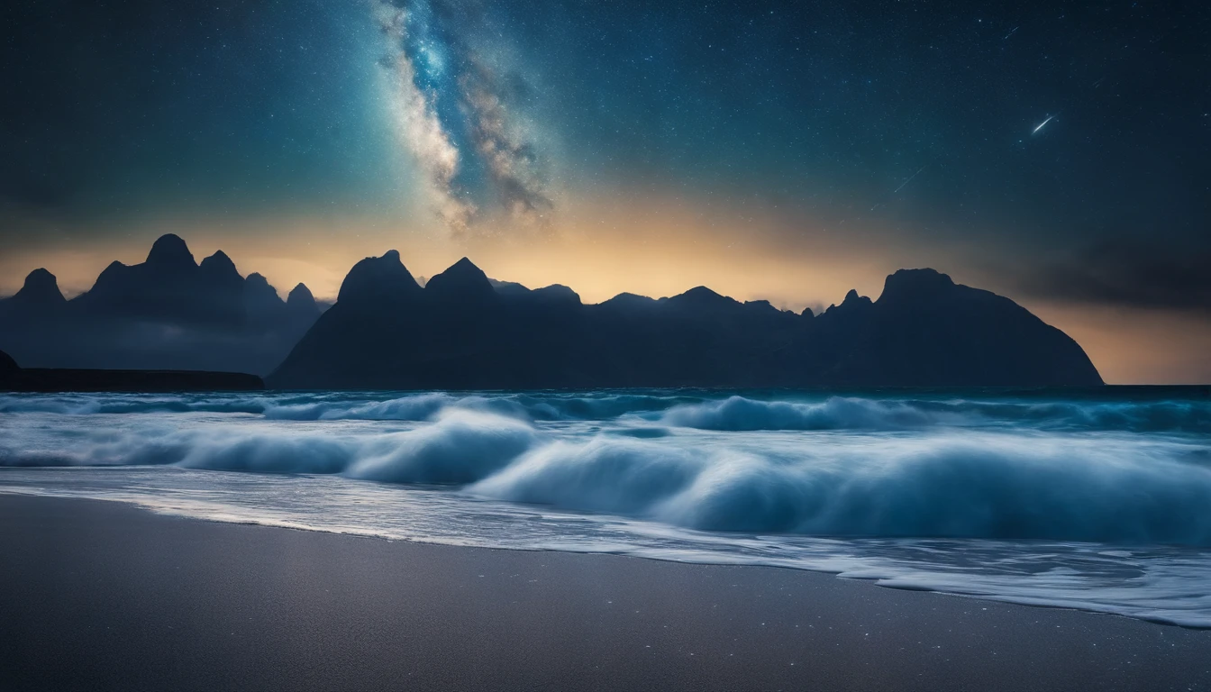 huge planet, the night, starrysky, surrealism, masutepiece, hight resolution、Impressive Milky Way:1.9、sand beach、Vast blue ocean、Blue Waves、Blue glacier、lightning bolt:1.9、Protoplanets、pure beauty
