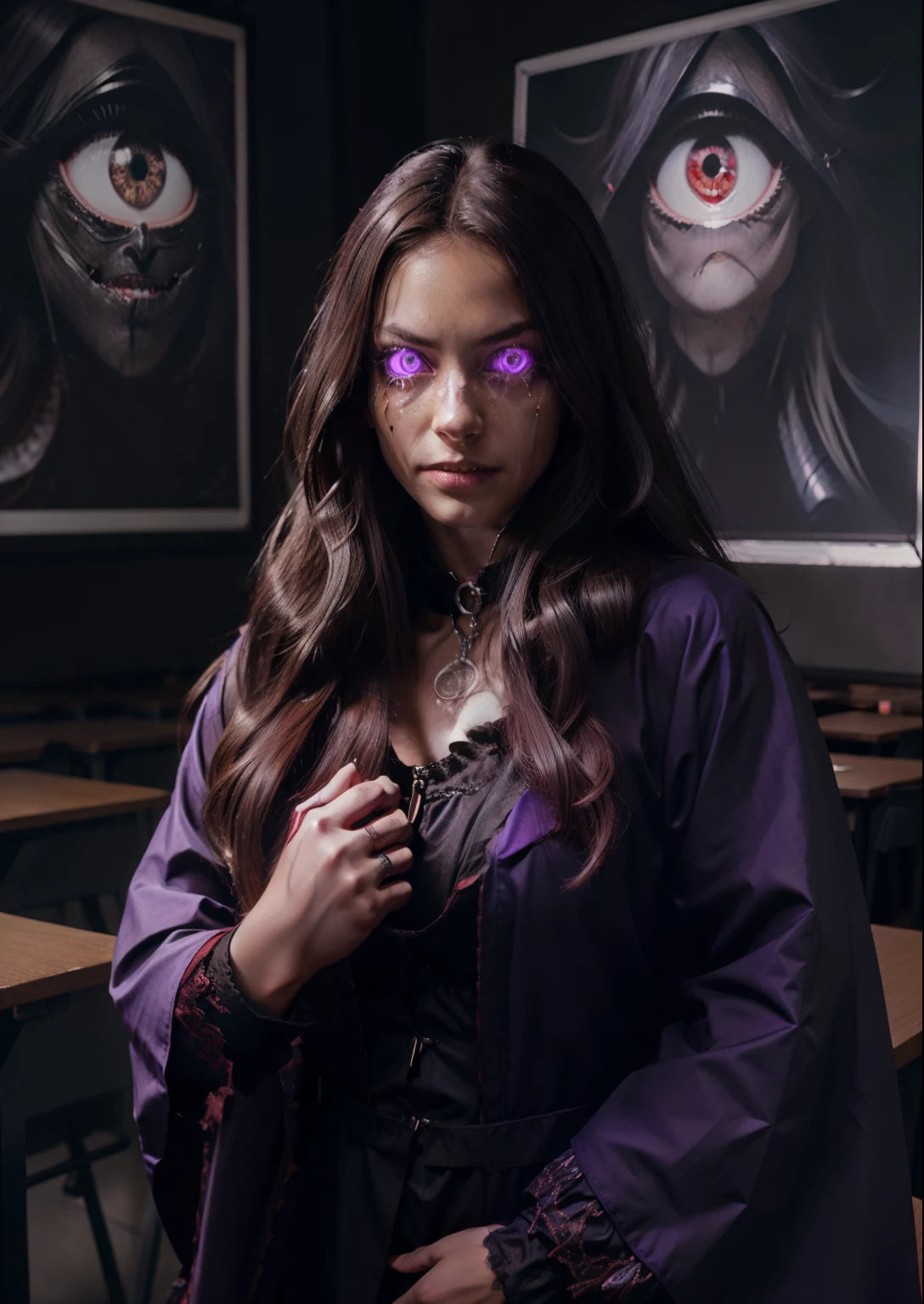 (1girl, long hair, collar, purple eyes, glowing, glowing eyes, extra eyes, dark, horror \(theme\), sobbing)  vampire. Long fangs, (digital) (resting in detailed classroom, (Surcoat)) , best quality, insanevoid