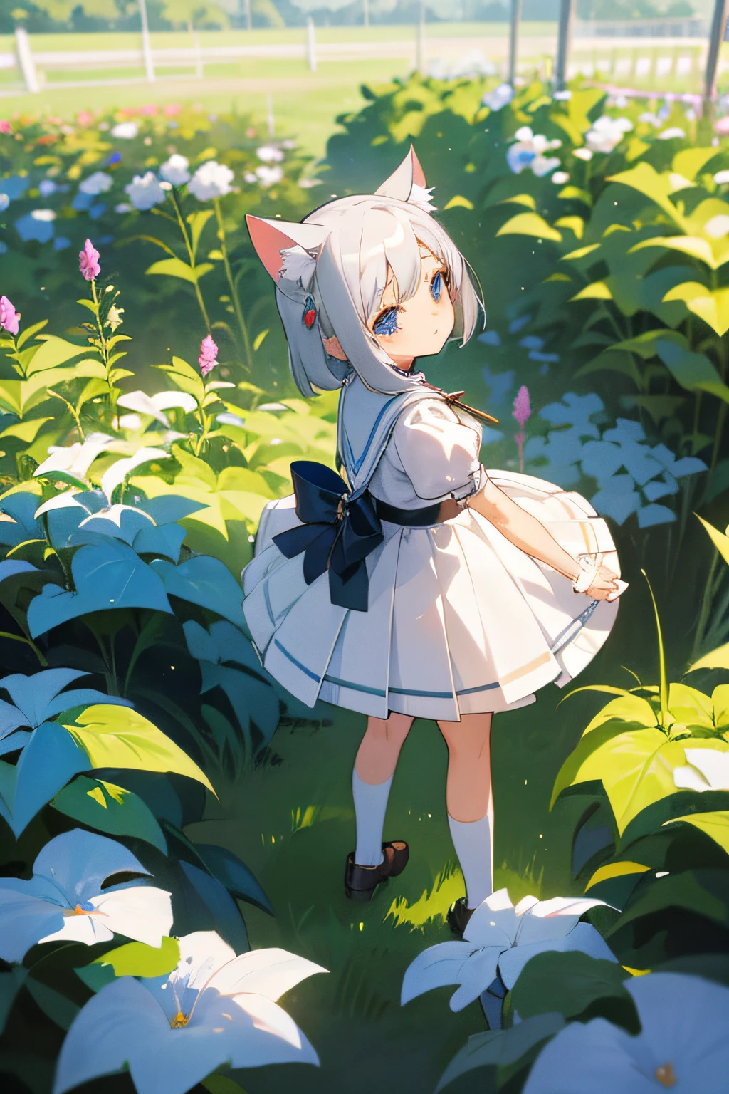 Stand in the garden、white pleated skirt, silver hair, blue eyes、Cat-eared girl, Loli in skirt, small curvy loli, small loli girl, soft anime illustration, Anime visuals of cute girls, Detailed Digital Anime Art, 4k quality, high quality, high resolution,