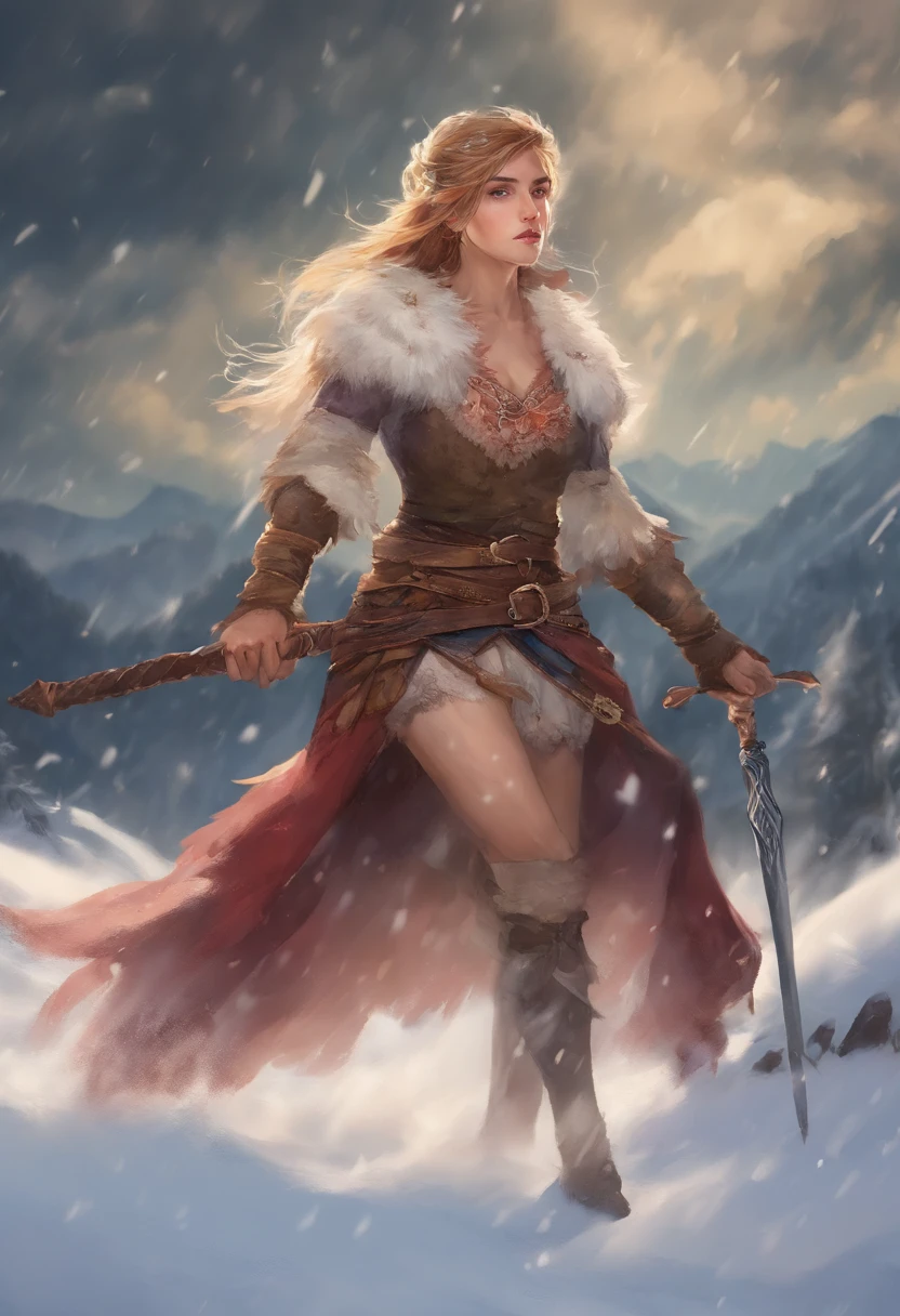 (La mejor calidad,retrato:1.2),hermosos ojos y labios detallados,cabello rubio,cara robustamente hermosa,(fuerte,confiado) Reina,Alina Kabaeva in her 20s as a barbarian warrior in the tundra,Traje de guerrero,Erguido y orgulloso en el paisaje nevado,sosteniendo una poderosa espada,icy breath visible in cold air,stormy sky and snowflakes swirling around,creating a dramatic and epic atmosphere,colores vibrantes,perfectamente iluminado por el sol poniente,Mejorar la intensidad y la potencia de la escena.