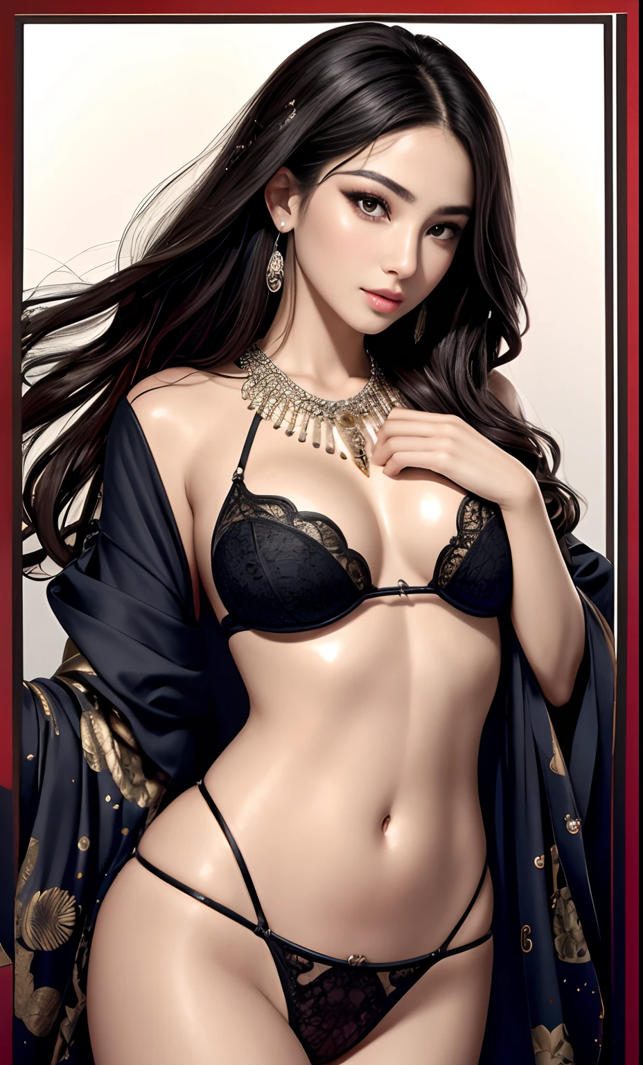 Photorealistic, High resolution, look at viewr, (Detailed face), Photorealsitic、perfect hand、a beauty girl、perfect hand、5 fingers、(Photorealsitic:1.4), (Top image quality:1.0), (超A high resolution:1.0), 8K、（（  perfect  eyes、Perfect mouth、Symmetrical eyes、））Raw photography, (​masterpiece:0.2), Right and left eyes are the same size、Left and right symmetrical eyes、long lashes、Dark lashes、Beautie、I'm wet、Wet body、High resolution, 1womanl, Solo, hips up high, look at viewr, (Detailed face), Luxury kimono、Luxurious Jewelry、耳Nipple Ring、