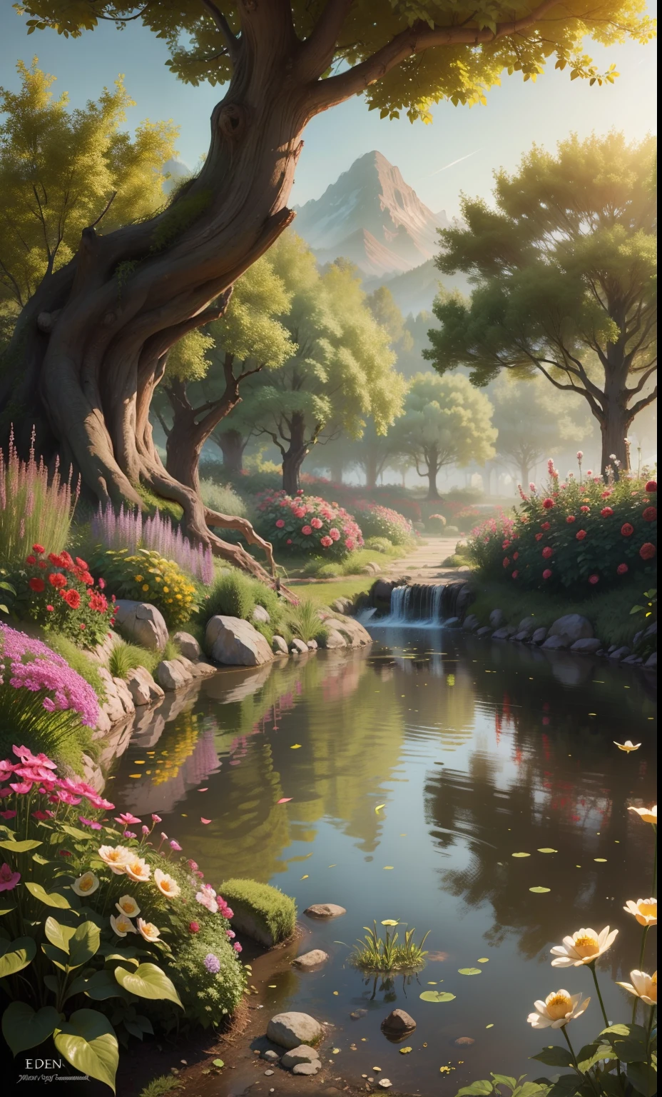 Eden's garden in heaven, beautiful landscape, magestic, ethereal, golden, trees, lake, bushes, flowers