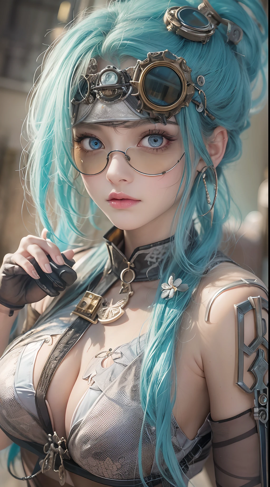 masterpiece, 1 beautiful girl, Detailed eye, Swollen eyes, top-quality, 超A high resolution, (reality: 1.4), 电影灯光, very extremely beautiful, Beautiful skins, A slender, Forward-facing body, (A hyper-realistic), (hight resolution), (8K), (ighly detailed), ( Best Illustration), (beautifully detailed eyes), (ultra-detailliert), 详细的脸, Bright lighting, Professional Lighting、the most beautiful and sexy steampunk girl, blue hair, yellow eyes, wearing incredibly detailed post apocalyptic steampunk tactical gear and goggles, huge enormous gigantic tits, cleavage showing, tons of tattoos and piercings, in post apocalypticwasteland, incredibly detailed background, metal fragments blowing in the wind, cinematic, incredibly perfect masterpiece, high quality, high resolution