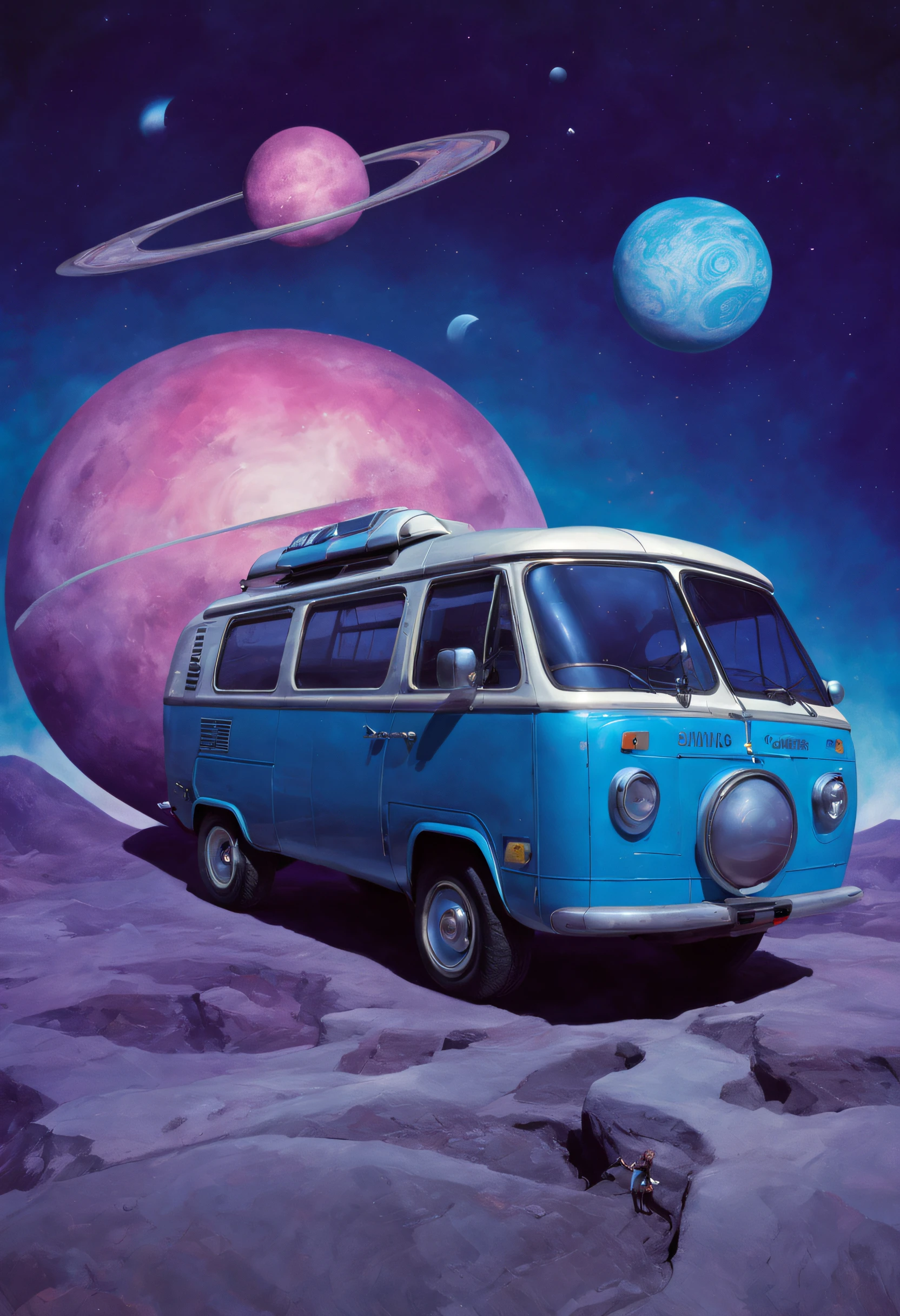 A giant futuristic van in space, Fantasia estilo banda progressiva dos anos 1970 com muito brilho, cores azul, roza e roxo. Suns and moons in the background.