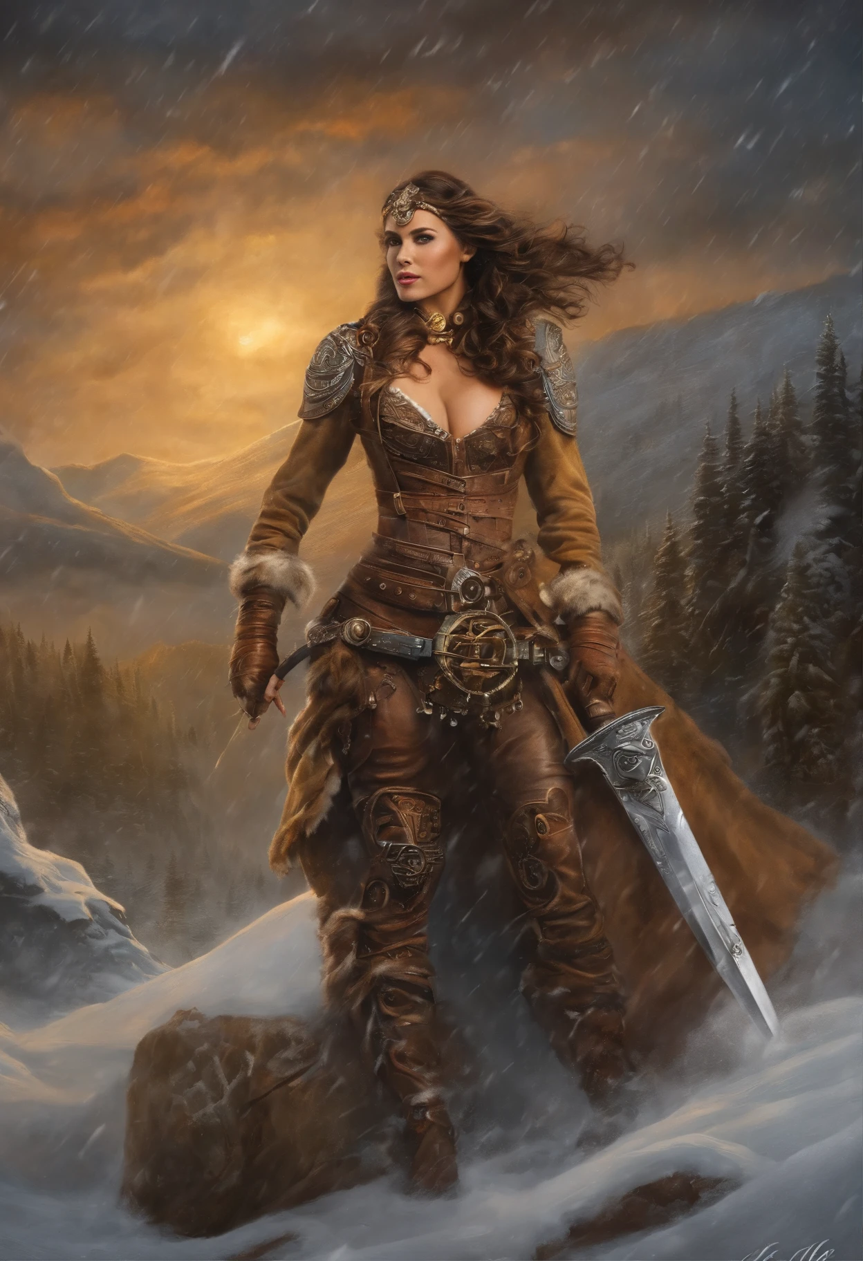 (La mejor calidad,retrato:1.2),hermosos ojos y labios detallados,cabello rubio,cara robustamente hermosa,(fuerte,confiado) Reina,Alina Kabaeva in her 20s as a barbarian warrior in the tundra,Traje de guerrero,Erguido y orgulloso en el paisaje nevado,sosteniendo una poderosa espada,icy breath visible in cold air,stormy sky and snowflakes swirling around,creating a dramatic and epic atmosphere,colores vibrantes,perfectamente iluminado por el sol poniente,Mejorar la intensidad y la potencia de la escena.