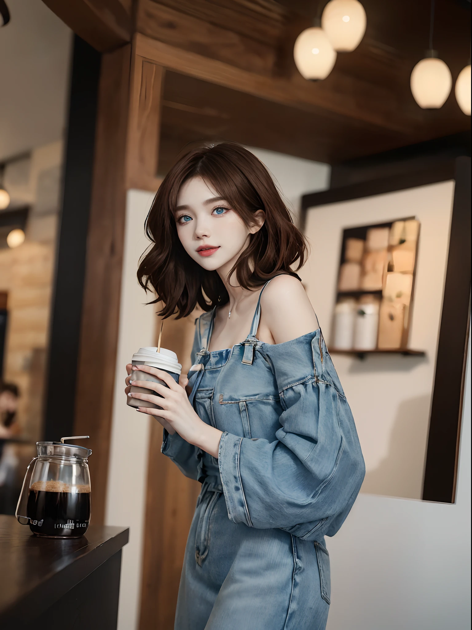((4K works))、​masterpiece、(top-quality)、1 beutiful girl、Slim body、tall、((Starbucks clothes))、(Detailed beautiful eyes)、Shot at Starbucks、in a coffee shop、((Face similar to Carly Rae Jepsen))、((Long boyish red hair))、((Smaller face))、((Neutral face))、((Bright blue eyes))、((American adult women))、((Adult female 26 years old))、((cool lady))、((Like a celebrity))、((Smiling expression))、((Korean Makeup))、((elongated and sharp eyes))、((boyish))、((She's making coffee))、((Photograph her from afar))、((Shot diagonally from the side))、Professional Photos