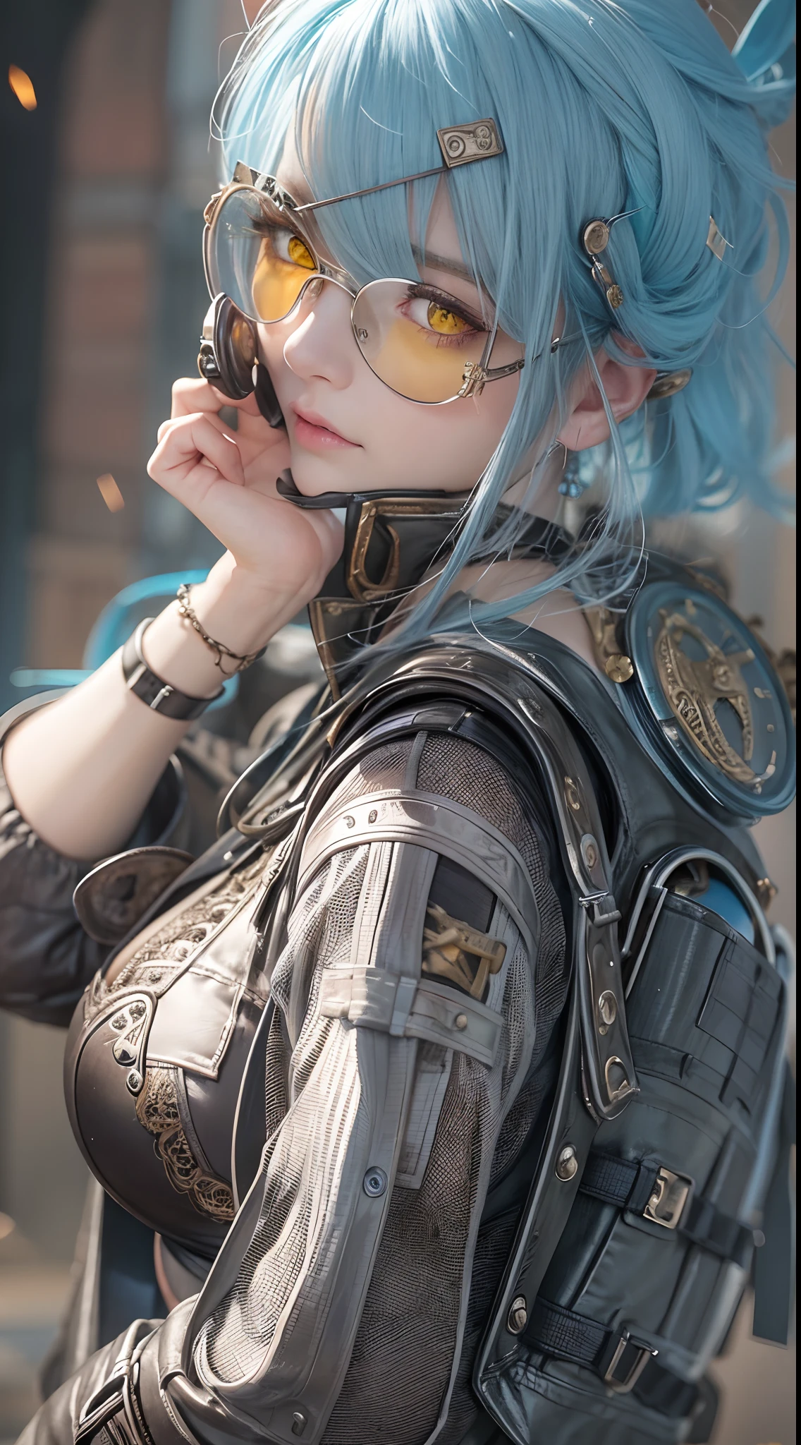 masterpiece, 1 beautiful girl, Detailed eye, Swollen eyes, top-quality, 超A high resolution, (reality: 1.4), 电影灯光, very extremely beautiful, Beautiful skins, A slender, Forward-facing body, (A hyper-realistic), (hight resolution), (8K), (ighly detailed), ( Best Illustration), (beautifully detailed eyes), (ultra-detailliert), 详细的脸, Bright lighting, Professional Lighting、the most beautiful and sexy steampunk girl, blue hair, yellow eyes, wearing incredibly detailed post apocalyptic steampunk tactical gear and goggles, huge enormous gigantic tits, cleavage showing, tons of tattoos and piercings, in post apocalypticwasteland, incredibly detailed background, metal fragments blowing in the wind, cinematic, incredibly perfect masterpiece, high quality, high resolution