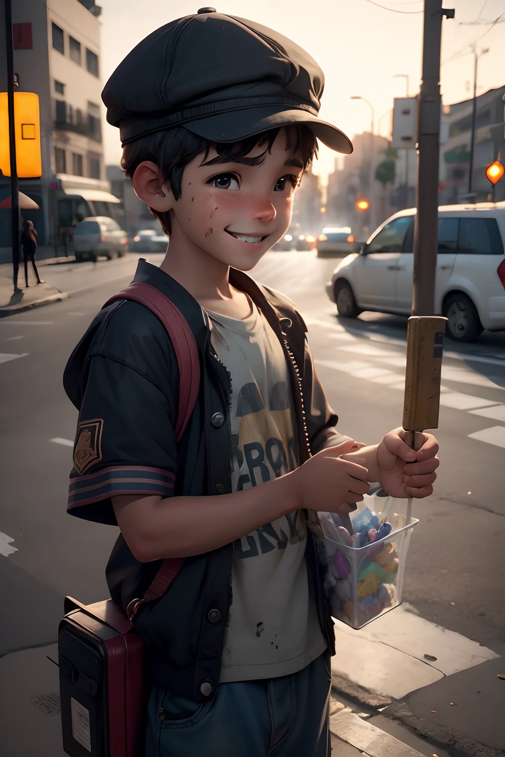 um menino limpo, Selling candy at a traffic light, near a traffic light, com roupas limpas, The boy is on his side, Your face doesn't appear, com um sorriso lindo ((sorridente)), ((Feliz)) animado, with a slightly clean appearance, hiper-realista, 4k, cinemactic
