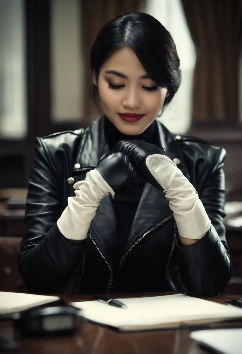 Wearing black leather gloves on both hands, Upper body, Black Leather Riders Jacket, Facing the desk in the study, Look down and smile, Use a fountain pen to write a letter, Black hair long straight, Young japanese lady (Black leather gloves cover both hands)