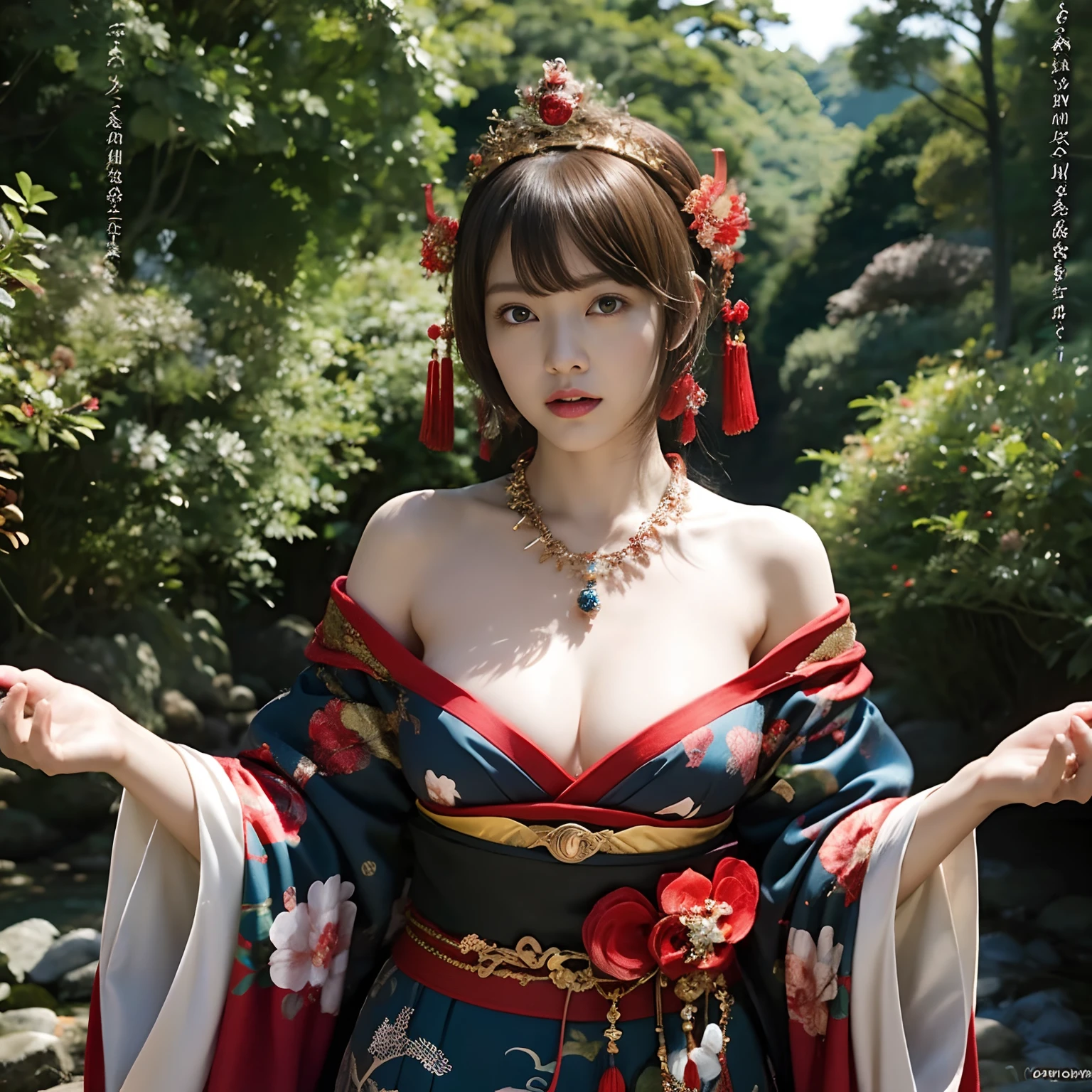(Fight fiercely with dragons)、top-quality、masterpiece、超A high resolution、(Wearing a colorful Japan kimono)、Kimono with beautiful pattern、(Wearing a beautiful crown made of jewels),(Photorealsitic:1.4)、Raw photo、1人、Japan big castle background、glowy skin、(((Japan Dragon)))、(Gorgeous Jewelry Necklaces)、(Mystical expression)、(Fight big dragons)、Kimono with beautiful pattern of Japan、(Metal bodysuit)、(beautiful forest background)、Precipitous cliffs、(Small LED)、((super realistic details))、portlate、globalillumination、Shadow、octan render、(Shrine is also in the background)、8K、ultrasharp、Colossal tits、Raw skin is exposed in cleavage、metals、Details of complex ornaments、Japan details、highly intricate detail、Realistic light、CGSoation Trends、Blue eyes、radiant eyes、Facing the camera、neon details)、Gundam、Small LED、,Mechanical thighs、Toostock、(Full body angle)、(veils)、