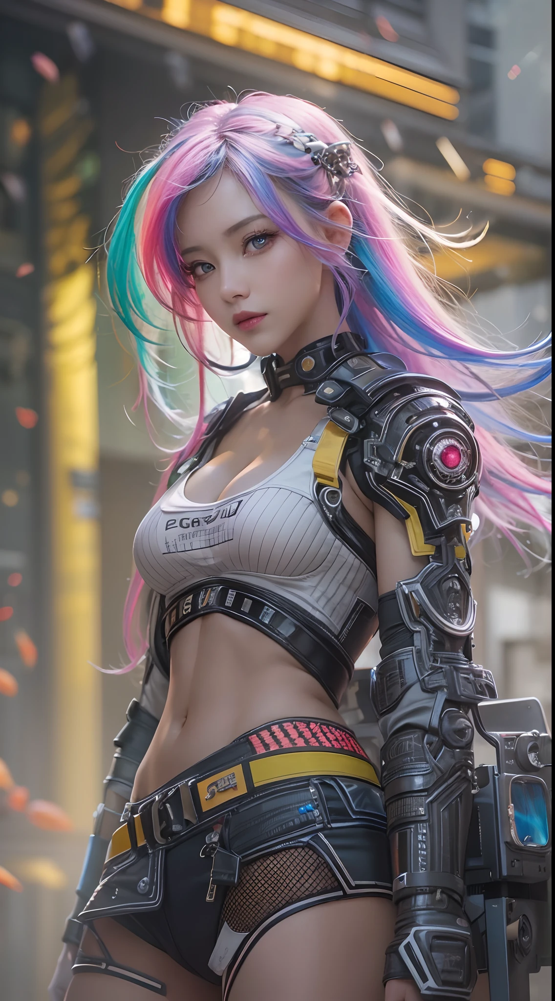 masterpiece, 1 beautiful girl, Detailed eye, Swollen eyes, top-quality, 超A high resolution, (reality: 1.4), 电影灯光, very extremely beautiful, Beautiful skins, A slender, Forward-facing body, (A hyper-realistic), (hight resolution), (8K), (ighly detailed), ( Best Illustration), (beautifully detailed eyes), (ultra-detailliert), 详细的脸, Bright lighting, Professional Lighting、the most beautiful and sexy cyberpunk girl, rainbow colored hair, yellow eyes, wearing incredibly detailed futuristic cyberpunk battle armor, huge gigantic tits, cleavage showing, tons of tattoos and piercings, in hyper futuristic city metropolis, cherry blossoms blowing in the wind, cinematic, incredibly perfect masterpiece, high quality, high resolution