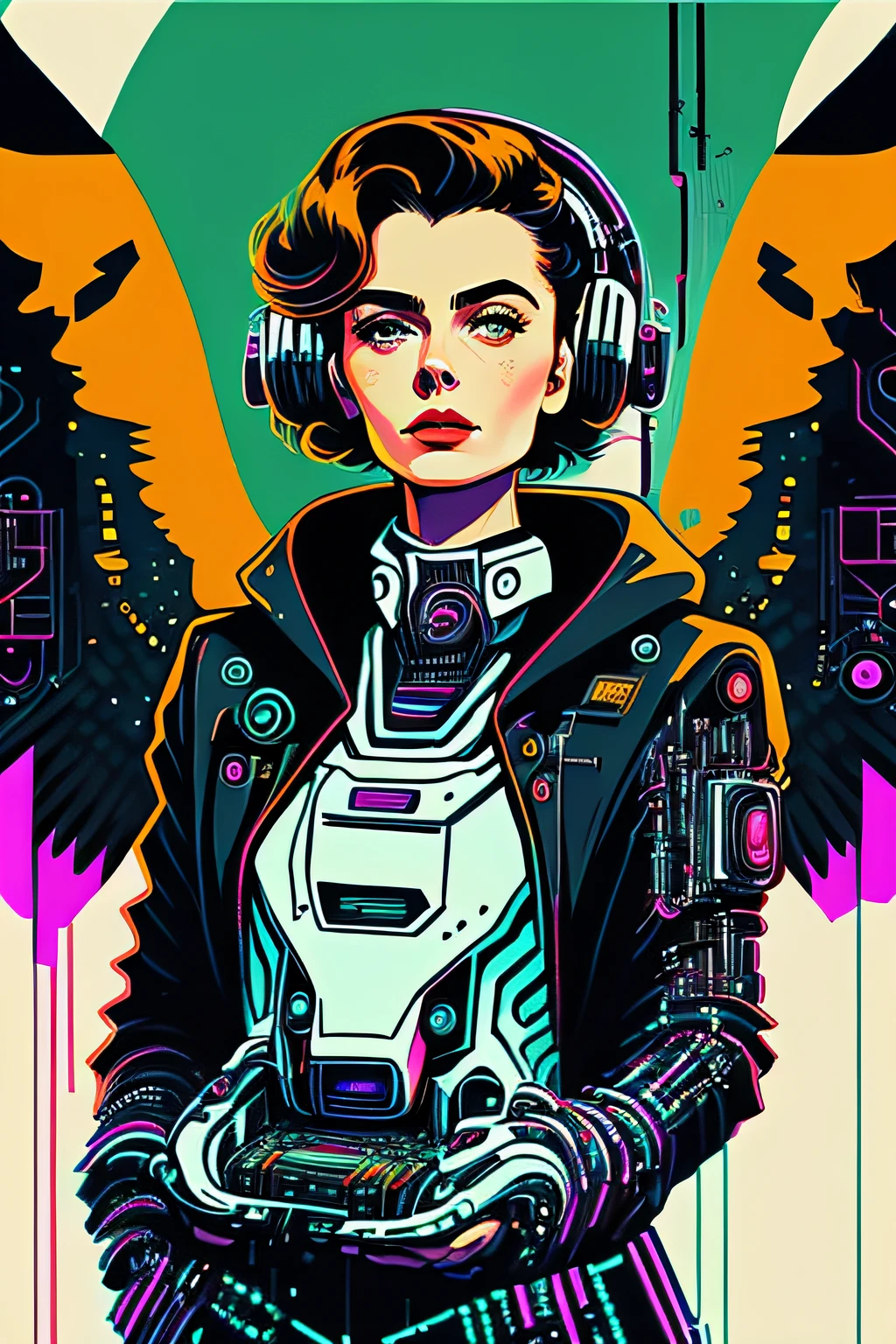 (masterpiece, 4k, ultra detailed, raw photo: 1.2), illustration,
(Ingrid Bergman:1), (full body) (detailed face)
(electronic drone background 1.4),
(symmetry: 1.2),
(Years 80:1.4),
(retro-futuristic:1.4),
(minimalism:1.4),
(clean:1.4),
(flat_color:1.4),
(cyberpunk:1.4),
CCDDA Artstyle