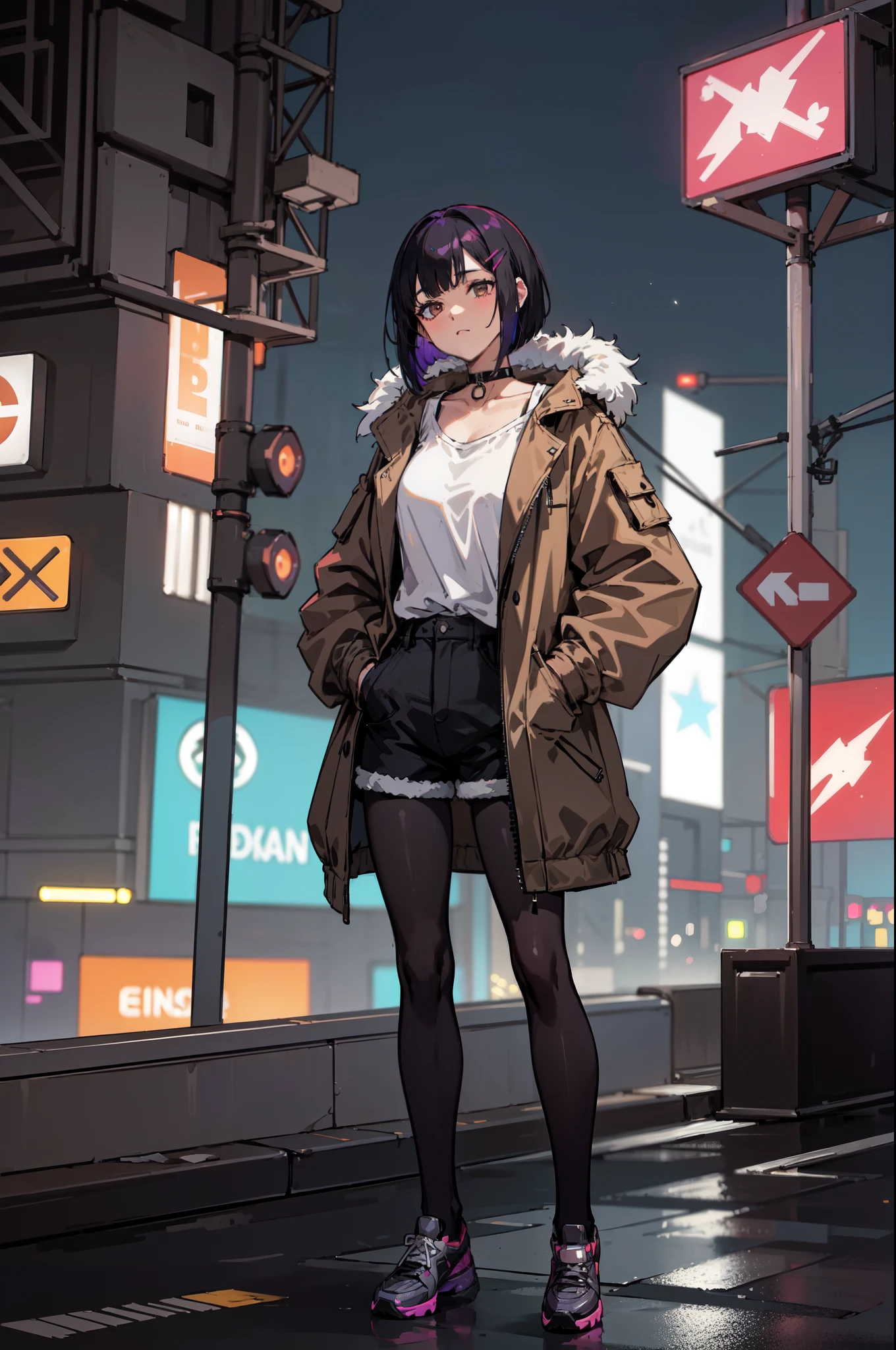 1girl, solo, teen girl, (black hair), (colored inner hair, purple hair), straight hair, (bob cut), short hair, assymmetrical hair, bang pinned back, hairclip, brown eyes, calm behaviour, inexpressive, medium breasts, choker, white shirt, black fabric shorts, (pantyhose:1.1), (fur trimmed parka jacket, brown jacket, oversized jacket:1.15), thighs, (hands on pockets), night city, cyberpunk, colorful, beautiful, ((neon lights)), masterpiece, best quality, 4k