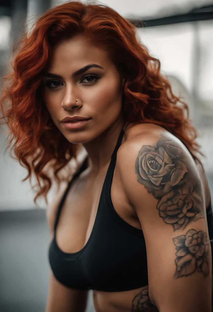 An urban goddess Latina with caramel skin and vibrant red hair with flower tattoos on her right shoulder, lower lip and shoulder completely, sportive, fit girl, Large and detailed muscles, poitrine, Realstic, 22 ans, tenue de sport noir, haut de sport noir, salle de sport, joue ronde, slightly shiny skin, Mid-length hair reaching shoulders
