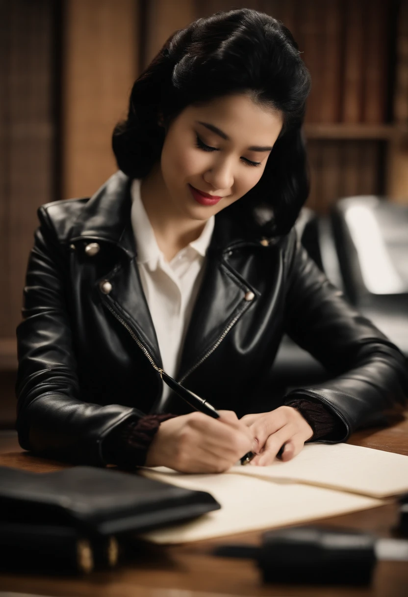 Wearing black leather gloves on both hands, Upper body, Black Leather Riders Jacket, Facing the desk in the study, Look down and smile, Use a fountain pen to write a letter, Black hair long straight, Young japanese lady (Black leather gloves cover both hands)