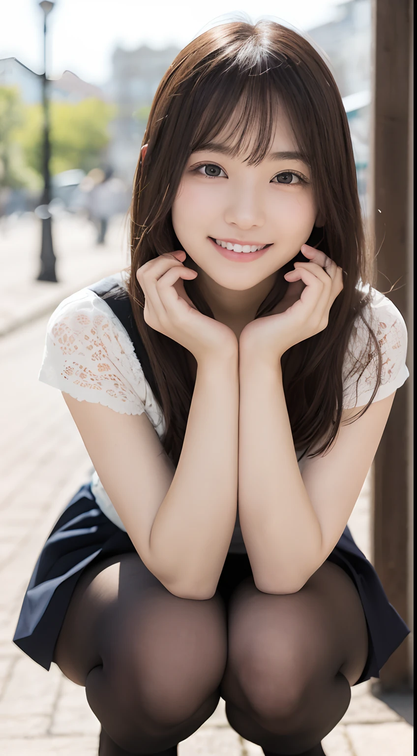 (Happy expression on face:1.26)、Raw photography、(((Ultimate Beauty Full Body Shooting)))、((glistning skin))、女の子1人、-yeld beiful girl in Prague、bright expression、((brown haired))、Girl in sweatshirt、skirt by the、View from the floor、(Long stockings or pantyhose)、(up skirt)、Legs open、crouching down、Counterpoint Shot、((ultra-detailliert))、(Perfectly detailed face)、(Detailed hand)、Photorealistic images、((masterpiece、top-quality、ultra-detailliert、Film Light、intricate-detail、hight resolution、ighly detailed))、细致背景、8KUHD、Digital SLR、Soft light、hightquality、Film grain、FujifilmXT3 、Shallow depth of field、natural soft light、Kamimei、