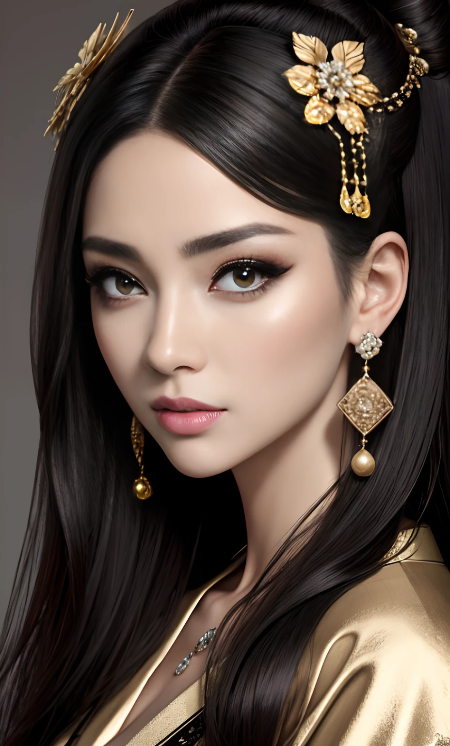 Photorealistic, High resolution, look at viewr, (Detailed face), Photorealsitic、perfect hand、a beauty girl、perfect hand、5 fingers、(Photorealsitic:1.4), (Top image quality:1.0), (超A high resolution:1.0), 8K、(( perfect eyes、Perfect mouth、Symmetrical eyes、))Raw photography, (masterpiece:0.2), Right and left eyes are the same size、Left and right symmetrical eyes、long lashes、Dark lashes、Beautie、High resolution, 1womanl, Solo, hips up high, look at viewr, (Detailed face), Luxury kimono、Luxurious Jewelry、耳Nipple Ring、Luxury kimono、Luxurious earrings。Luxurious hair ornaments、Gorgeous girl、
