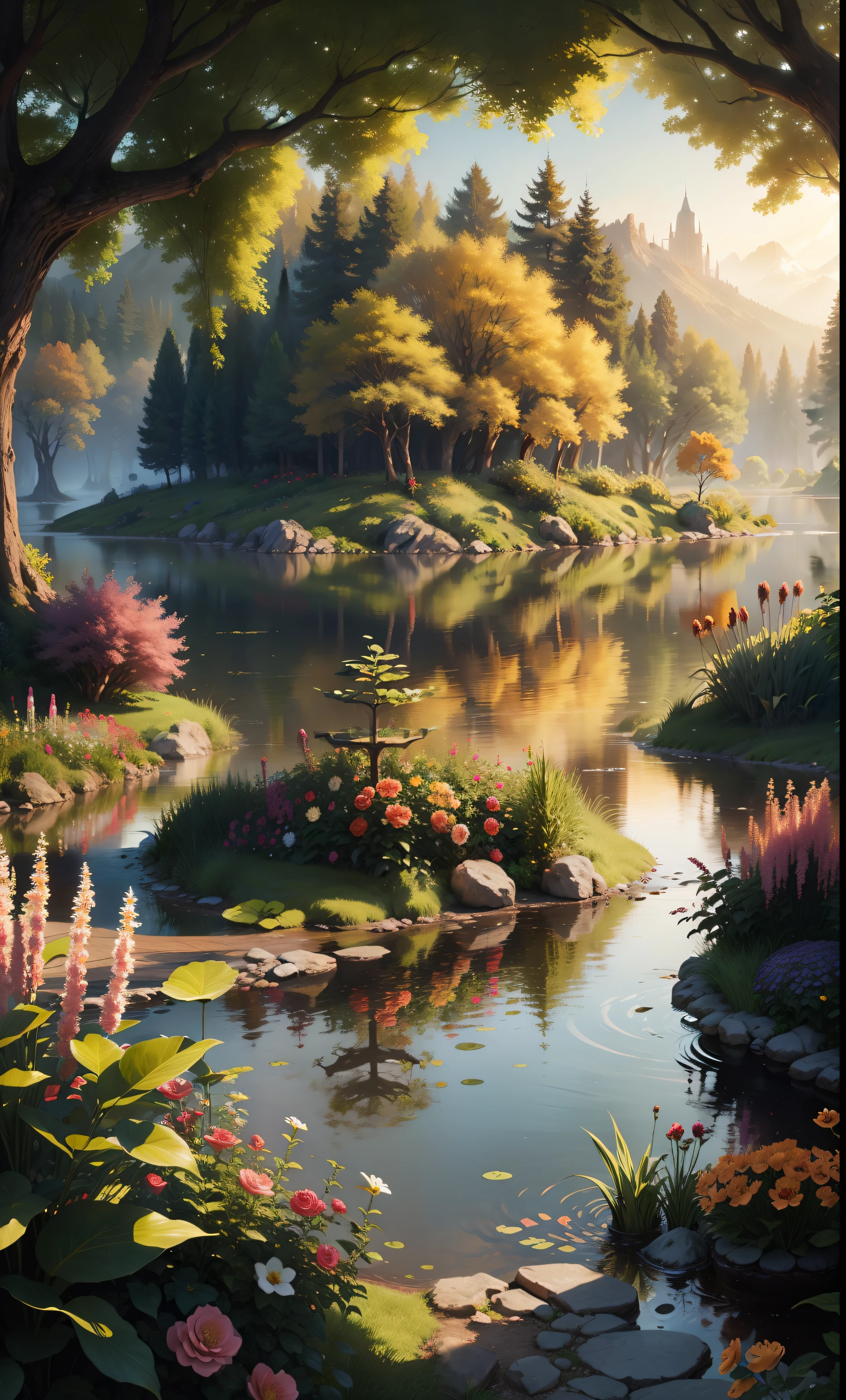 Eden's garden in heaven, beautiful landscape, magestic, ethereal, golden, trees, lake, bushes, flowers