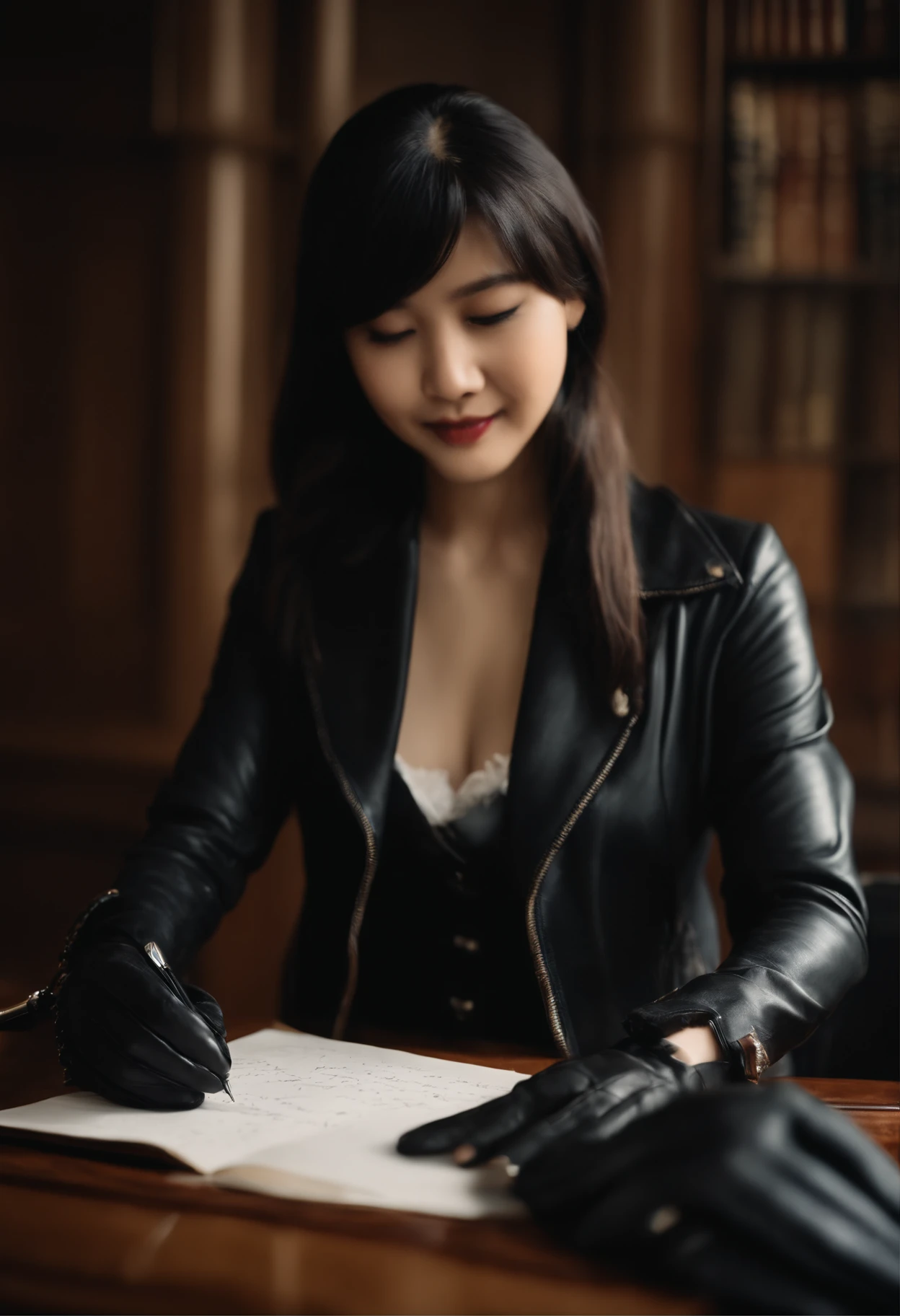 Wearing black leather gloves on both hands, Upper body, Black Leather Riders Jacket, Facing the desk in the study, Look down and smile, Use a fountain pen to write a letter, Black hair long straight, Young japanese lady (Black leather gloves cover both hands)
