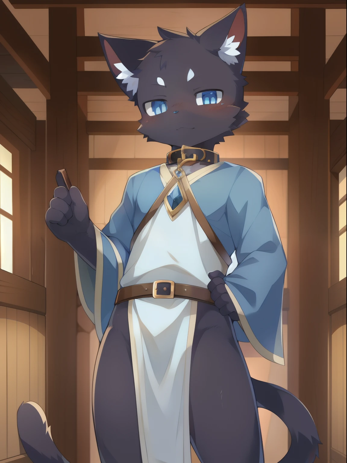 masterpiece, solo, 1boy, Furry, kemono, furry cat, anthropomorphic, male, black fur, black skin, blue eyes, blue wizard clothes, slave collar, sexy clothes, fantasy town, uploaded on e621,