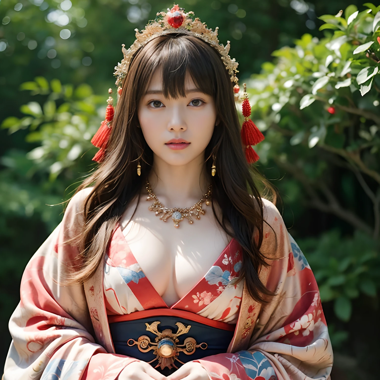 (Fight fiercely with dragons)、top-quality、masterpiece、超A high resolution、(Wearing a colorful Japan kimono)、Kimono with beautiful pattern、(Wearing a beautiful crown made of jewels),(Photorealsitic:1.4)、Raw photo、女の子1人、Japan big castle background、glowy skin、(((Japan Dragon)))、(Gorgeous Jewelry Necklaces)、(Mystical expression)、(Fight big dragons)、Kimono with beautiful pattern of Japan、(Metal bodysuit)、(beautiful forest background)、Precipitous cliffs、(Small LED)、((super realistic details))、portlate、globalillumination、Shadow、octan render、(Shrine is also in the background)、8K、ultrasharp、Colossal tits、Raw skin is exposed in cleavage、metals、Details of complex ornaments、Japan details、highly intricate detail、Realistic light、CGSoation Trends、Blue eyes、radiant eyes、Facing the camera、neon details)、Gundam、Small LED、,Mechanical thighs、Toostock、(Full body angle)、(veils)、