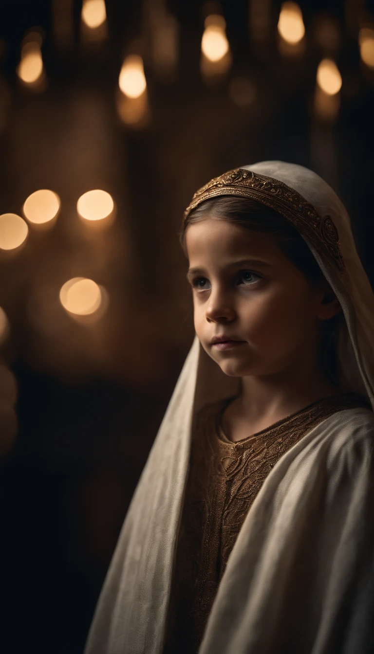 Uma rainha de cabelos castanhos, Ancient Robes. ela esta com um garoto de 6 anos. sentada em seu trono.