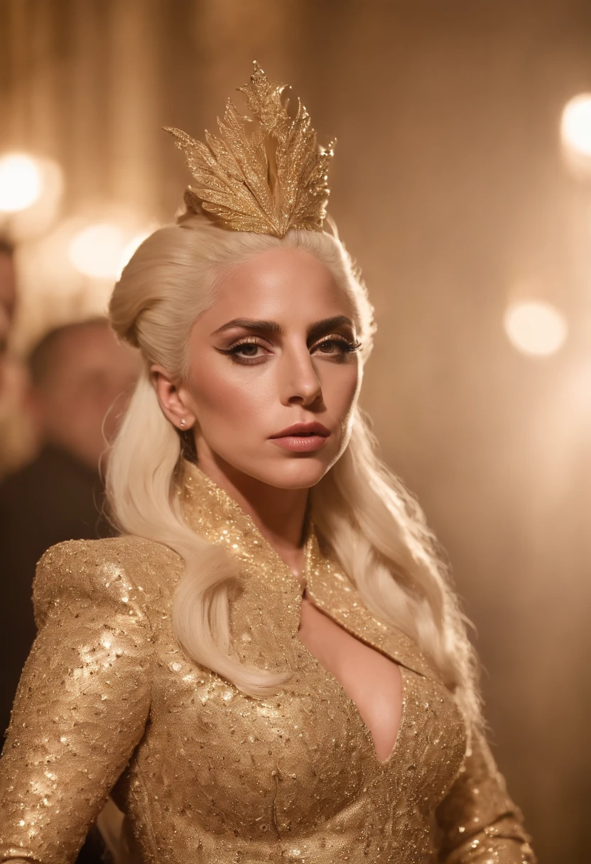 Lady Gaga Photo, 4K texture, gold metallic dress with prints,white and extravagant hair, 8k image, haute couture, flashes, high image quality,neon dress, realistic face, various body poses, full body, 8k image, sharp image,HD, realistic face, defined facial features