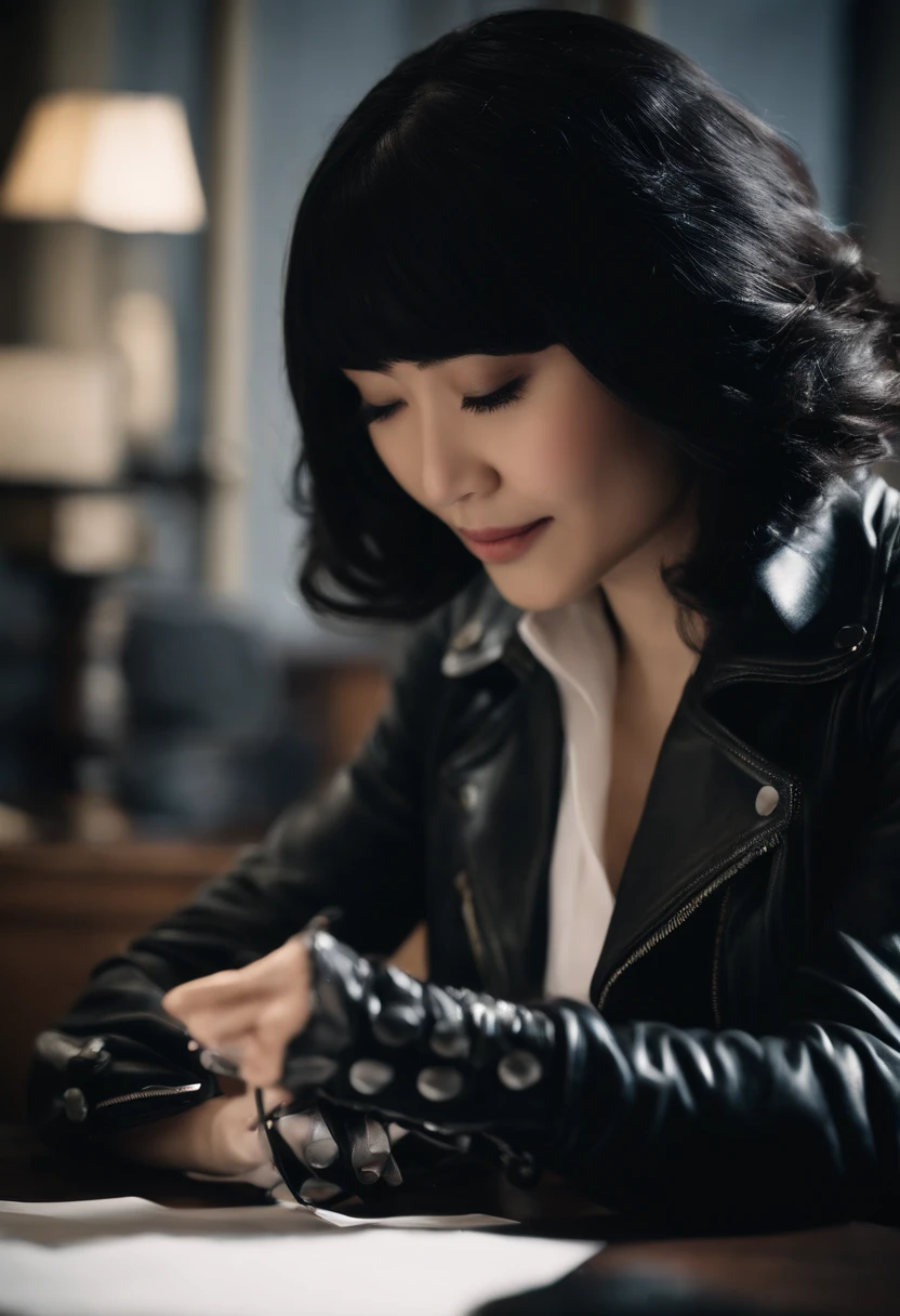 Wearing black leather gloves on both hands, Upper body, Black Leather Riders Jacket, Facing the desk in the study, Look down and smile, Use a fountain pen to write a letter, Black hair long straight, Young japanese lady (Black leather gloves cover both hands)