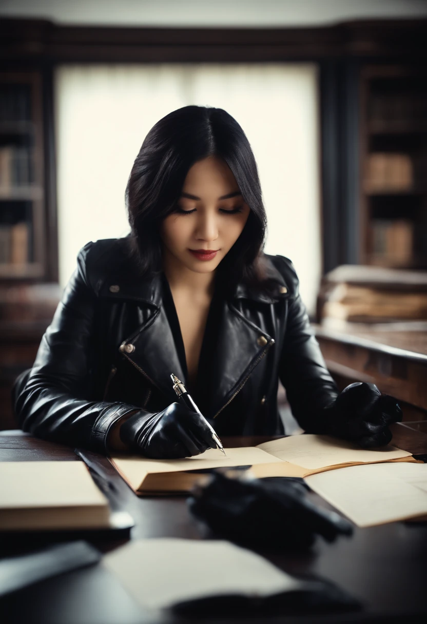 Wearing black leather gloves on both hands, Upper body, Black Leather Riders Jacket, Facing the desk in the study, Look down and smile, Use a fountain pen to write a letter, Black hair long straight, Young japanese lady (Black leather gloves cover both hands)